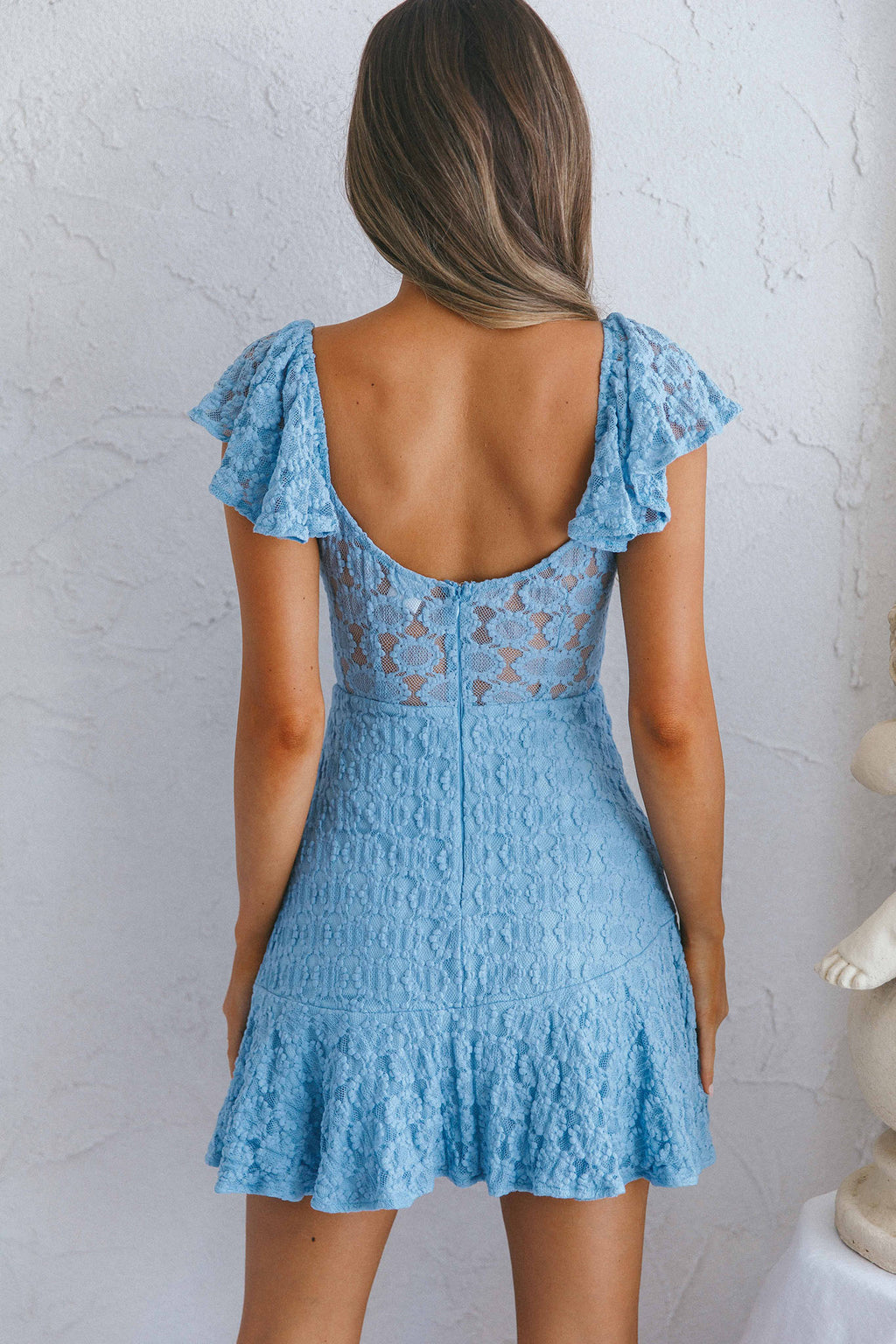 Secret Crush Flutter Sleeve Floral Lace Ruffle Hem Dress Blue by Selfie Leslie
