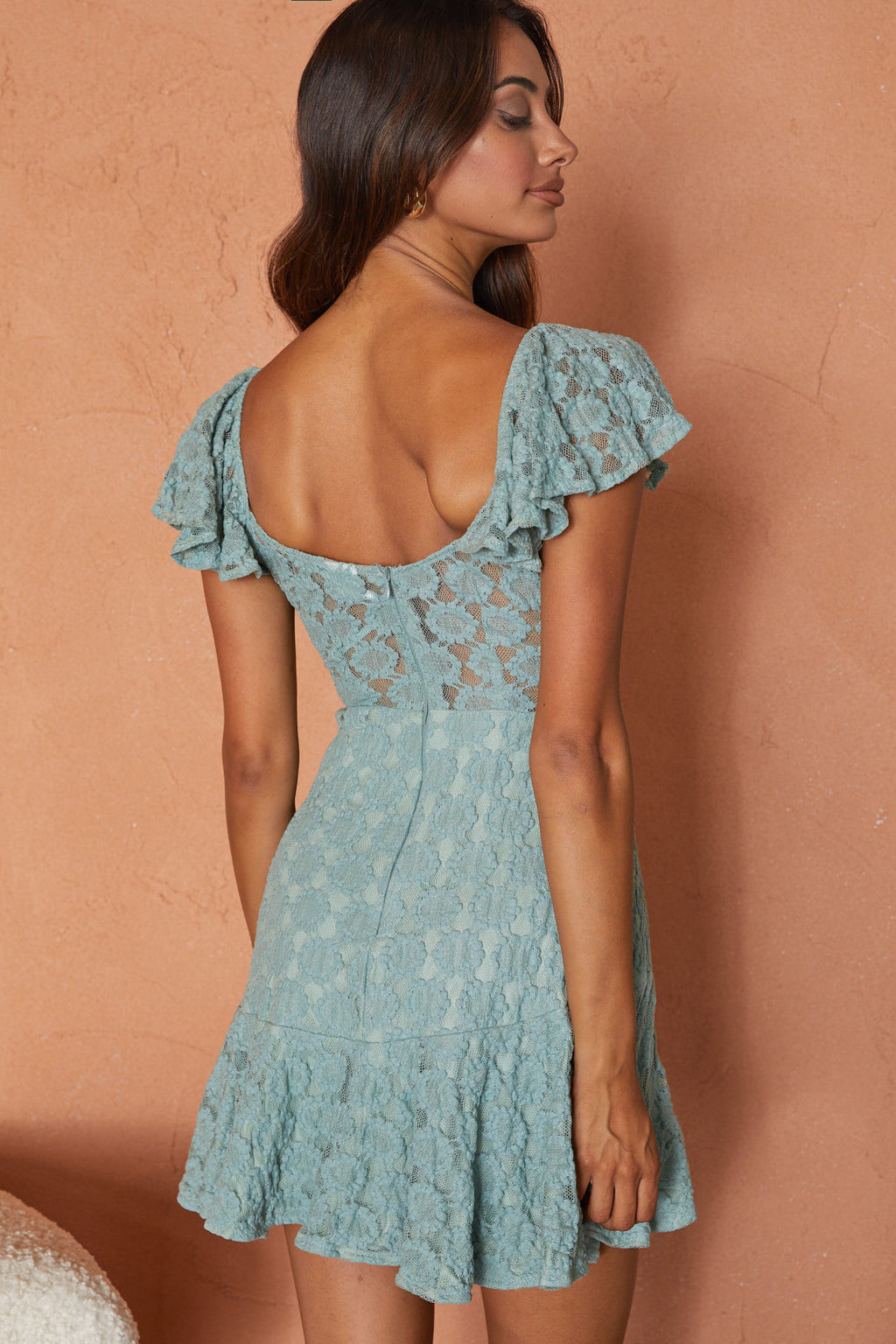 Secret Crush Flutter Sleeve Floral Lace Ruffle Hem Dress Mint by Selfie Leslie