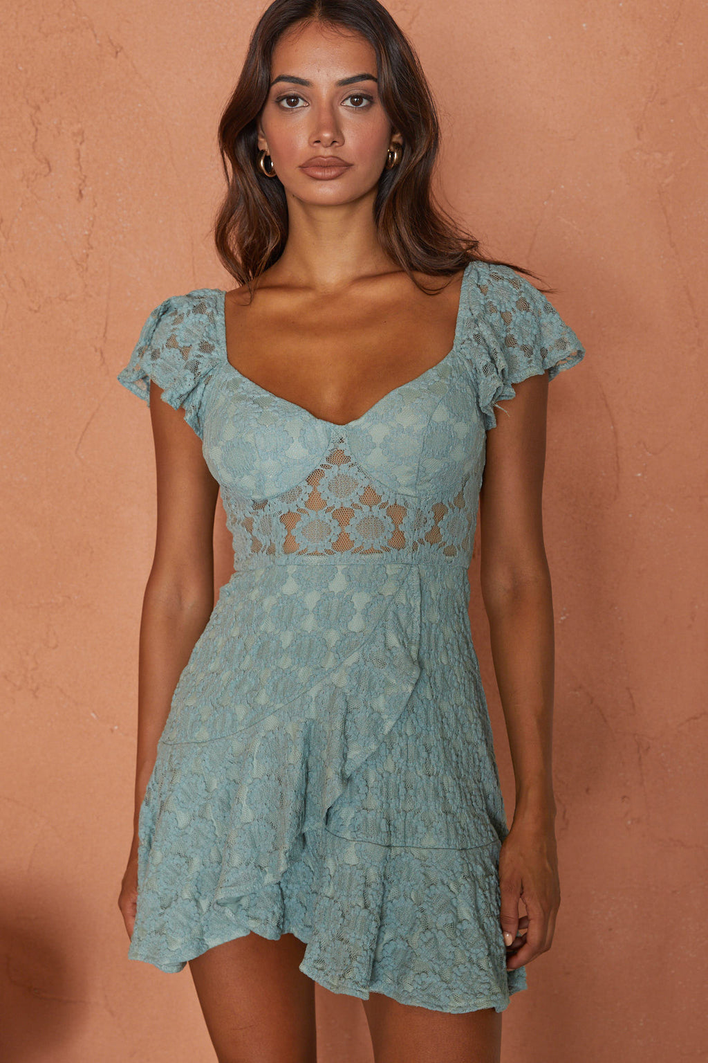 Secret Crush Flutter Sleeve Floral Lace Ruffle Hem Dress Mint by Selfie Leslie