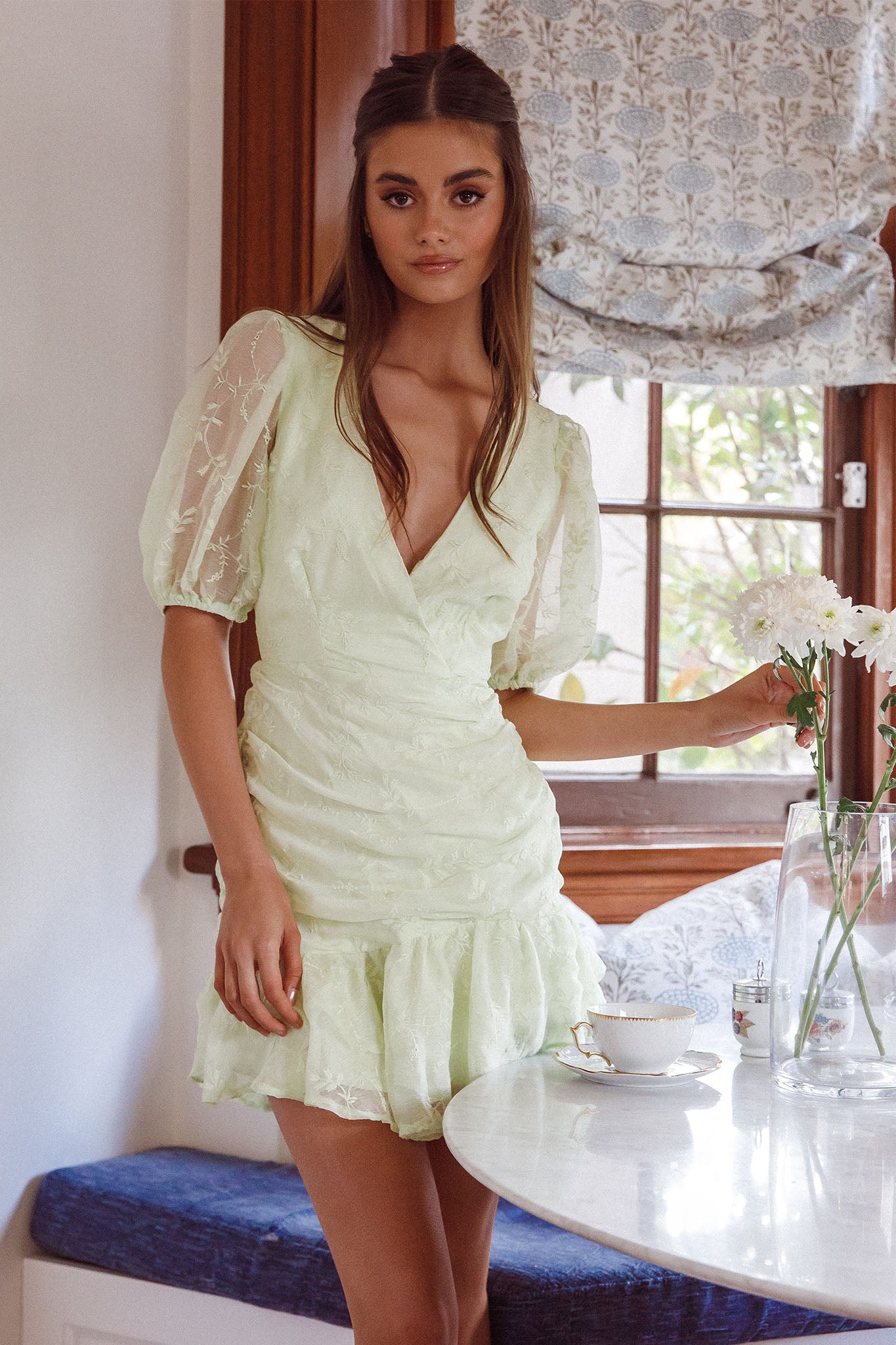 Cherry Blossom Puff Sleeve Wide Ruffle Hem Dress Apple by Selfie Leslie