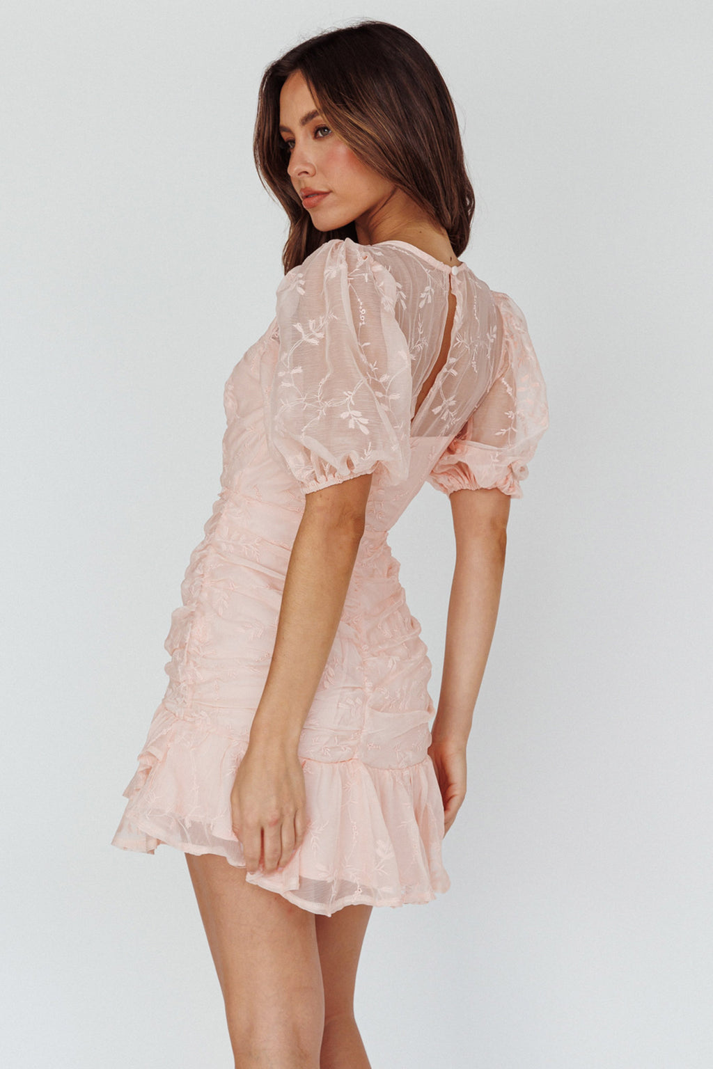 Cherry Blossom Puff Sleeve Wide Ruffle Hem Dress Pink by Selfie Leslie