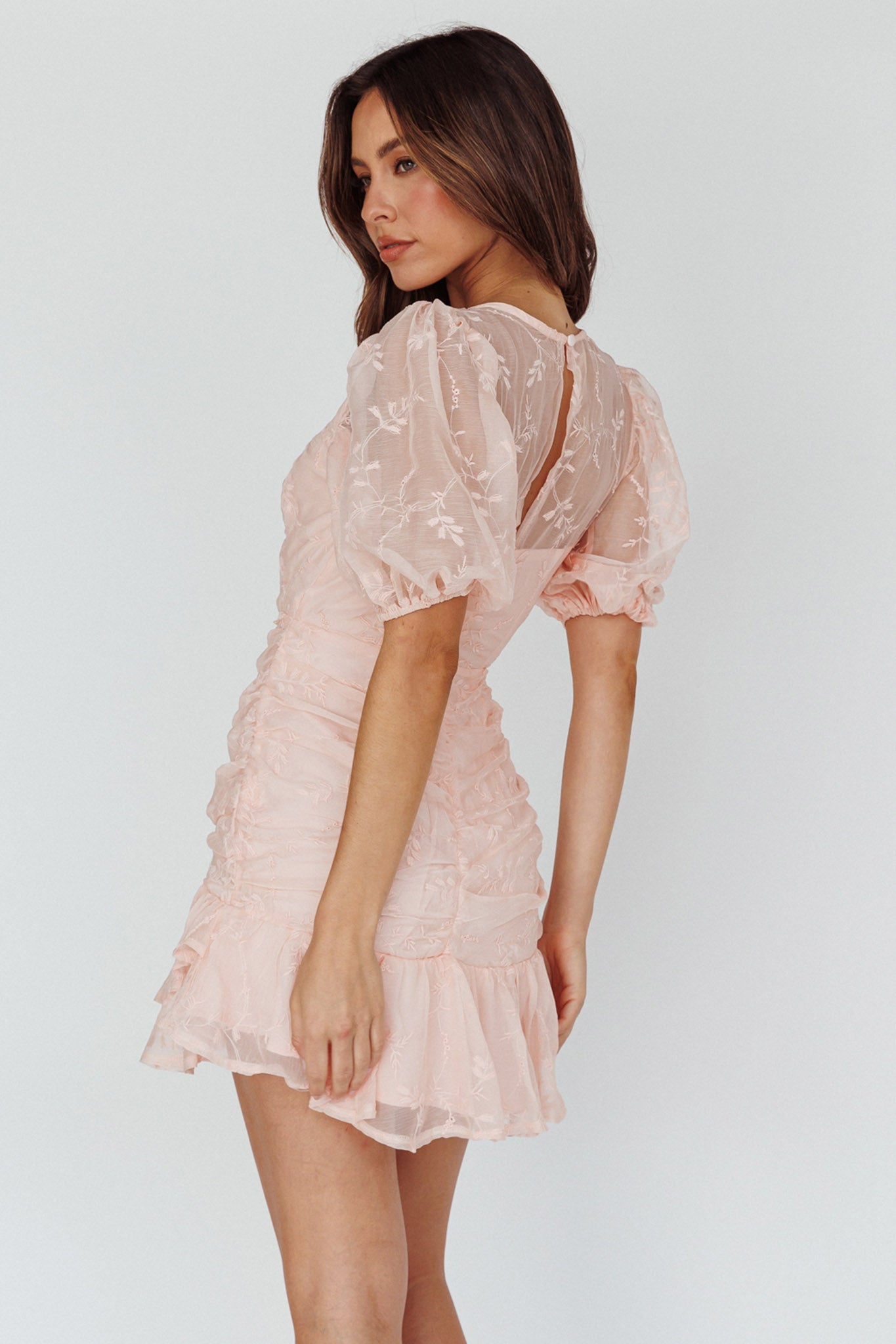 Cherry Blossom Puff Sleeve Wide Ruffle Hem Dress Pink by Selfie Leslie