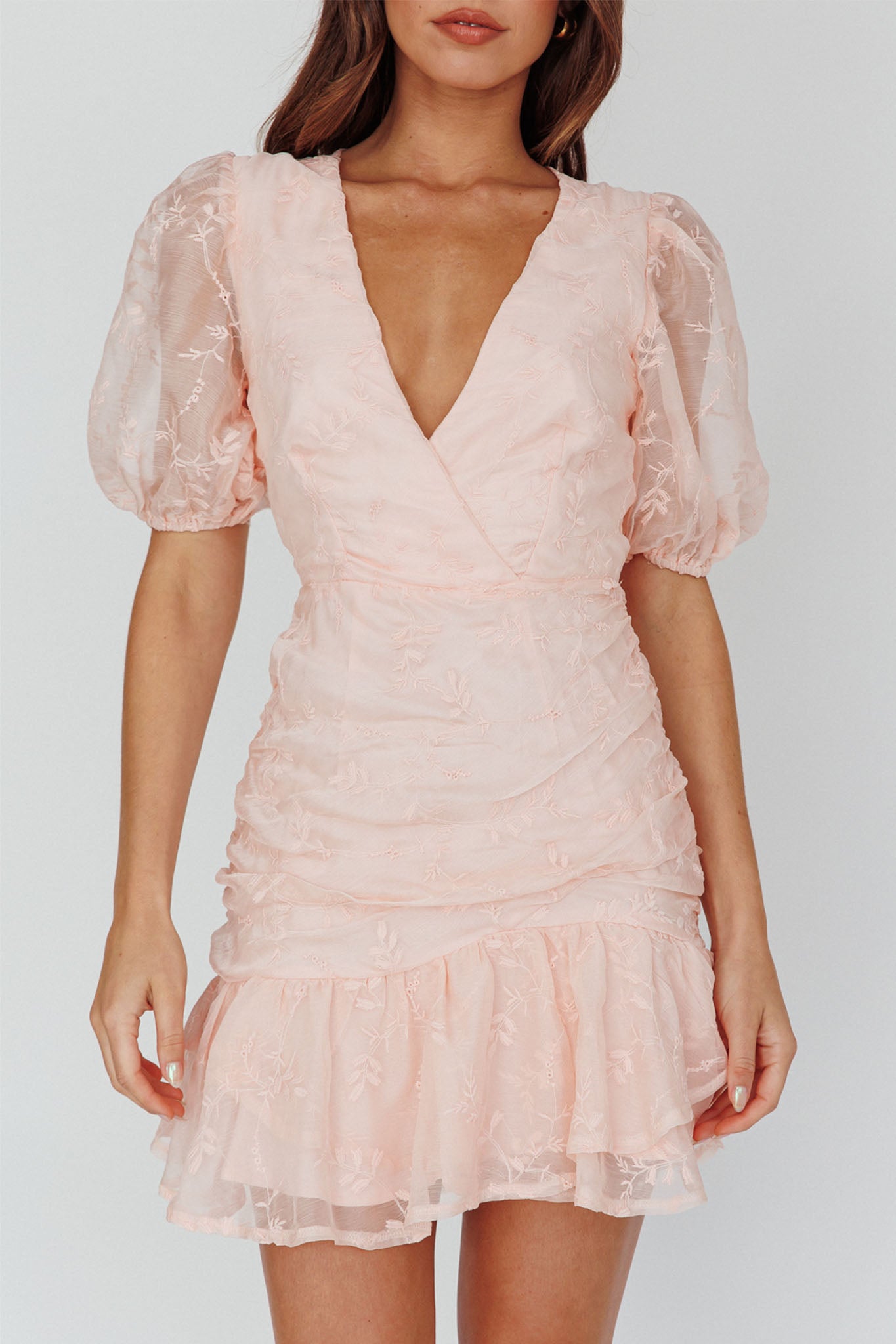 Cherry Blossom Puff Sleeve Wide Ruffle Hem Dress Pink by Selfie Leslie