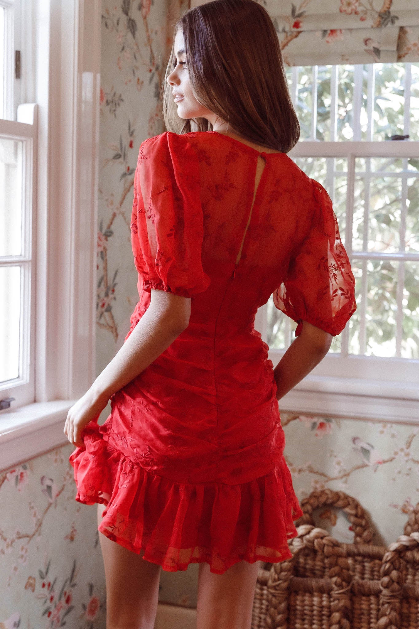 Cherry Blossom Puff Sleeve Wide Ruffle Hem Dress Red Cherry Blossom Puff Sleeve Wide Ruffle Hem Dress Red