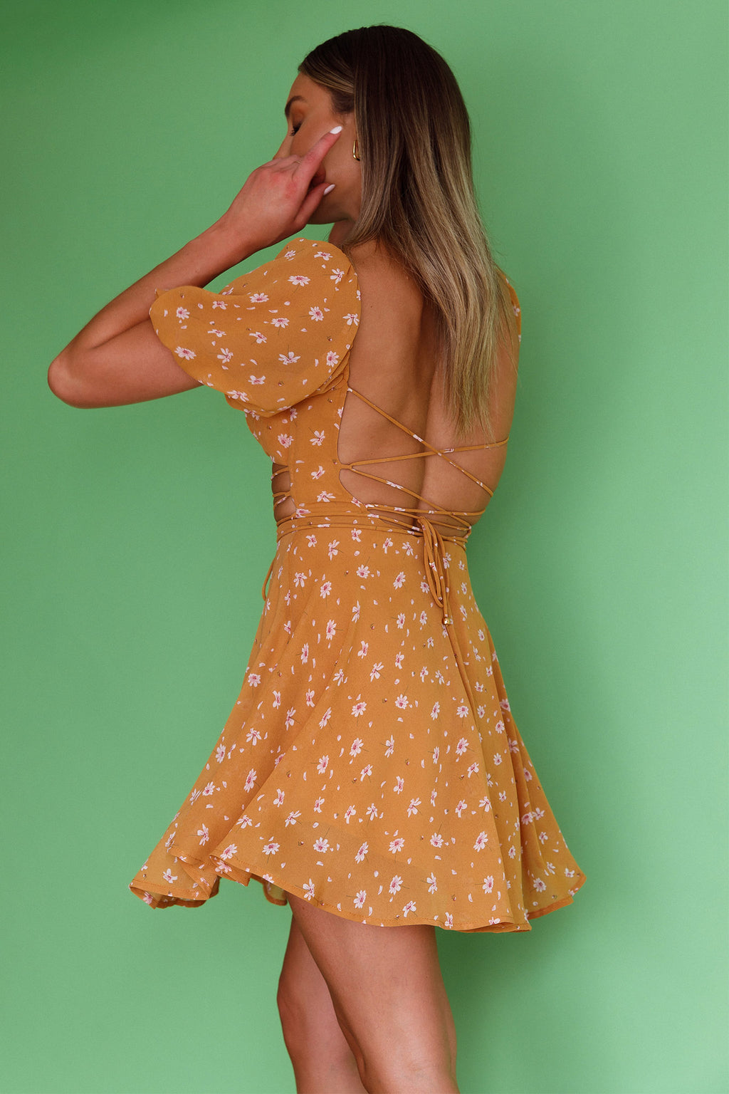 Full Hearts Lace-Up Waist Dress Floral Orange by Selfie Leslie
