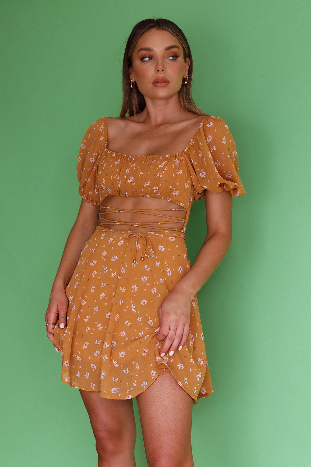 Full Hearts Lace-Up Waist Dress Floral Orange by Selfie Leslie
