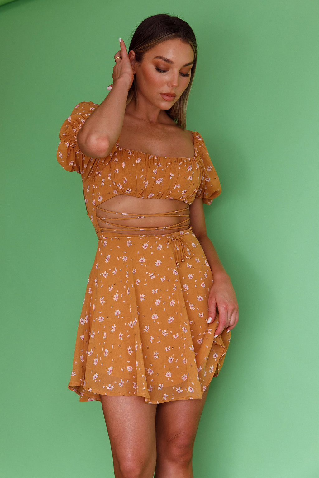 Full Hearts Lace-Up Waist Dress Floral Orange by Selfie Leslie