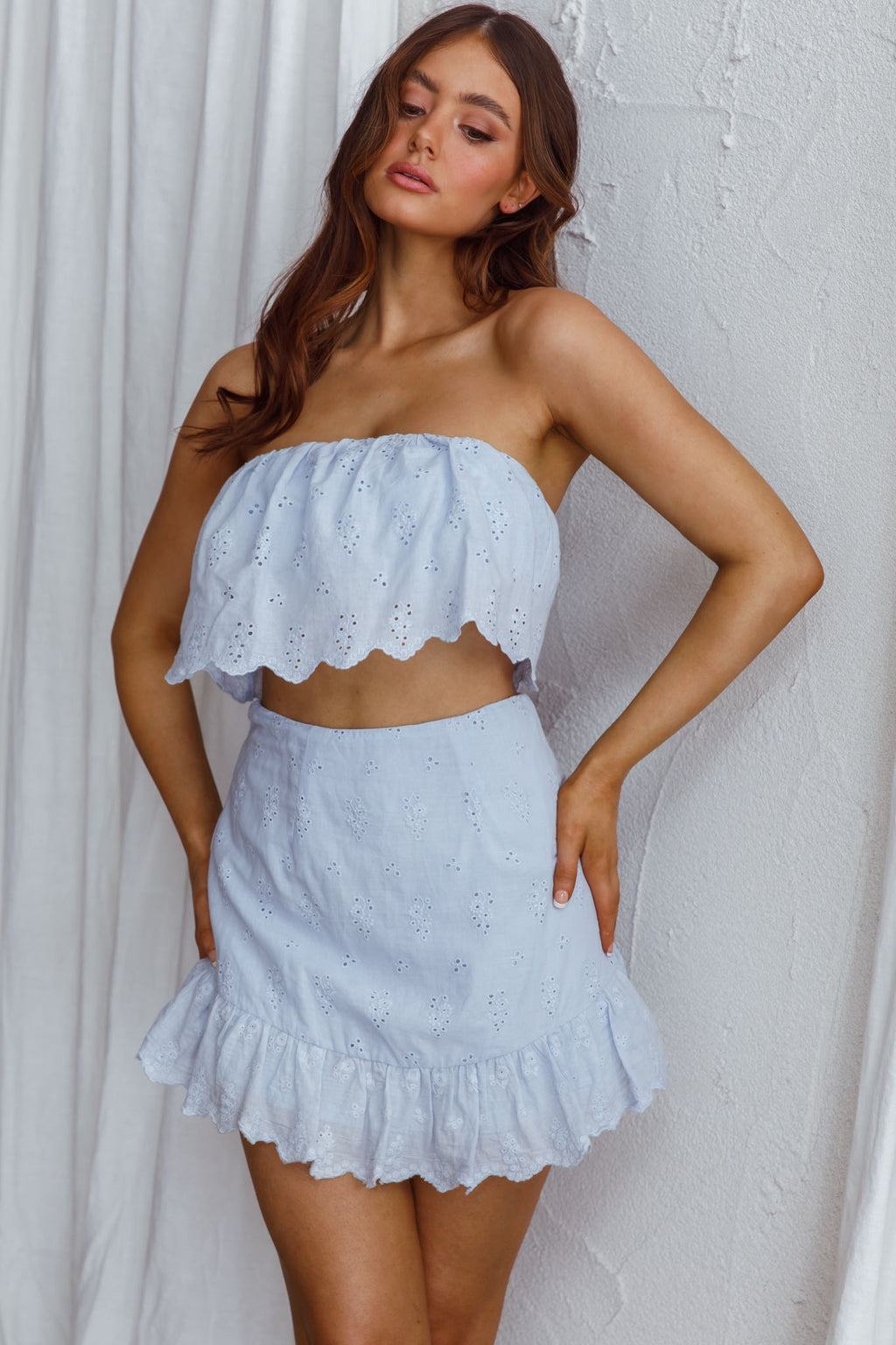 Kyla Scalloped Eyelet Crop Top Blue by Selfie Leslie