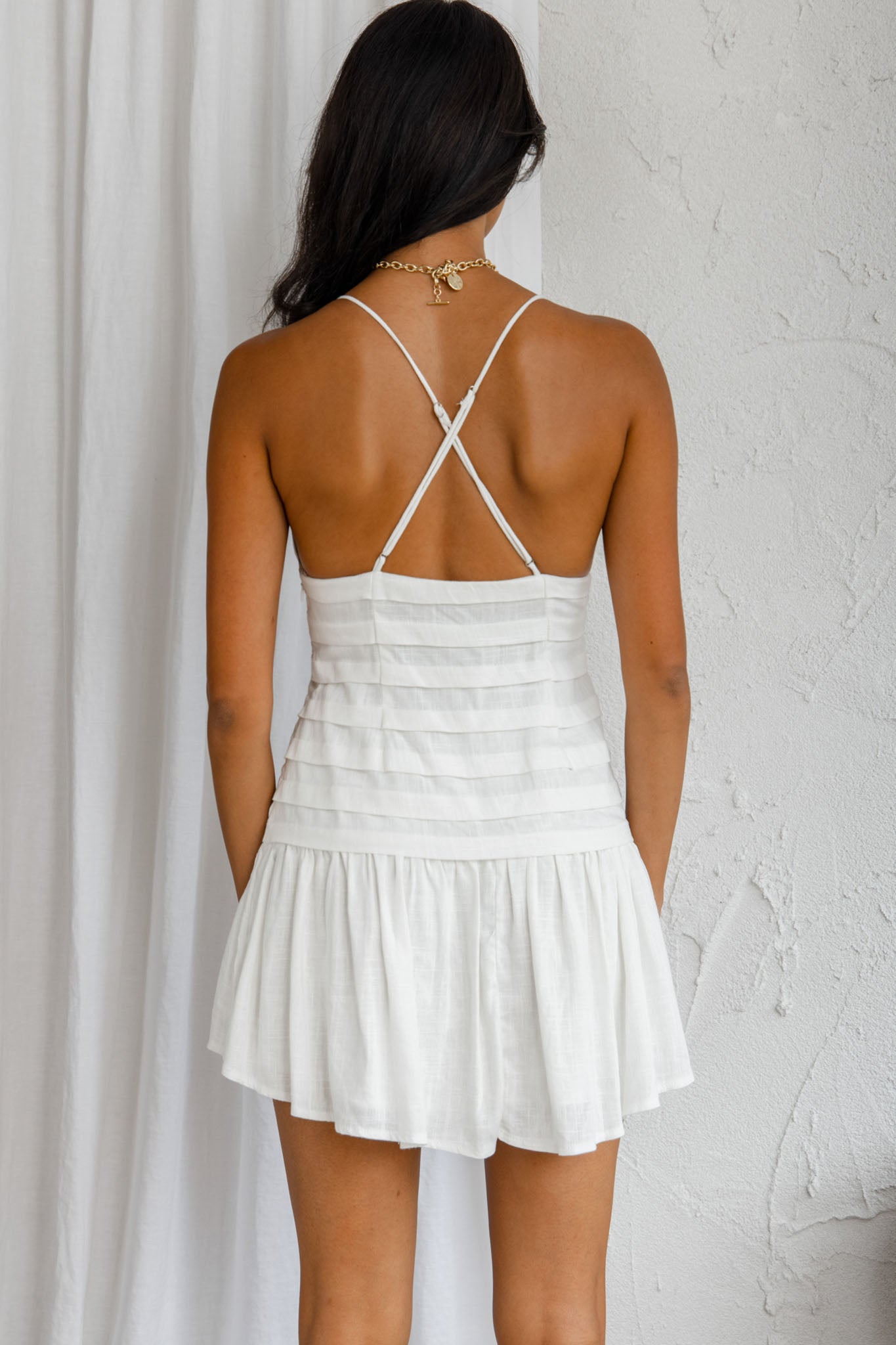 Clear Skies Pintuck Pleat Wide Ruffle Hem Mini Dress Sky White by Selfie Leslie