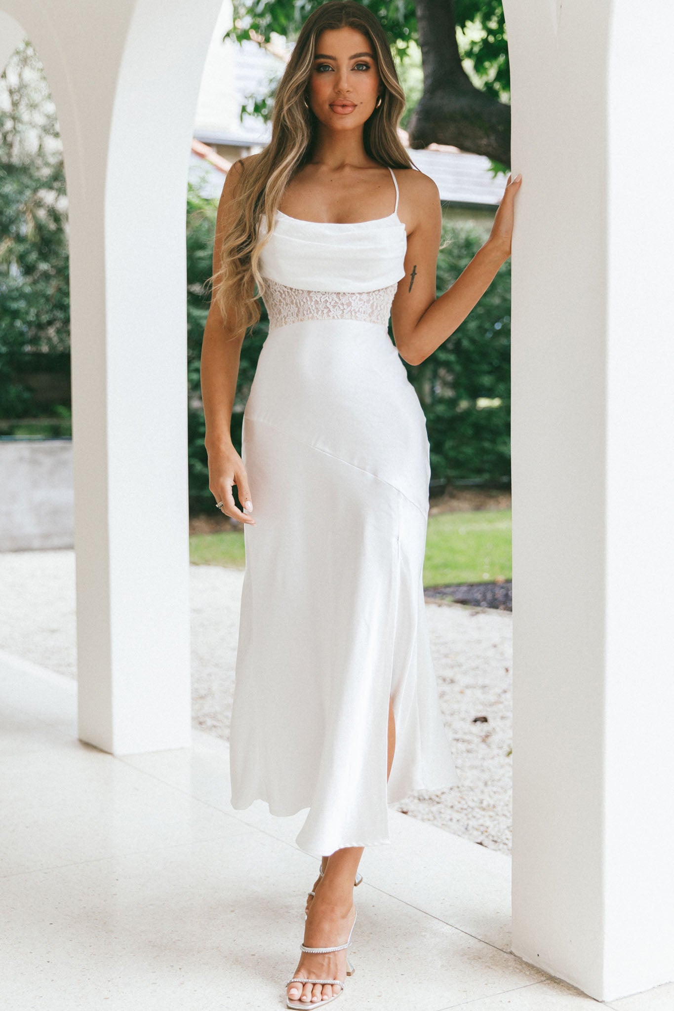 Golden Era Cowl Neck Lace Waist Midi Dress White - XXL Golden Era Cowl Neck Lace Waist Midi Dress White - XXL