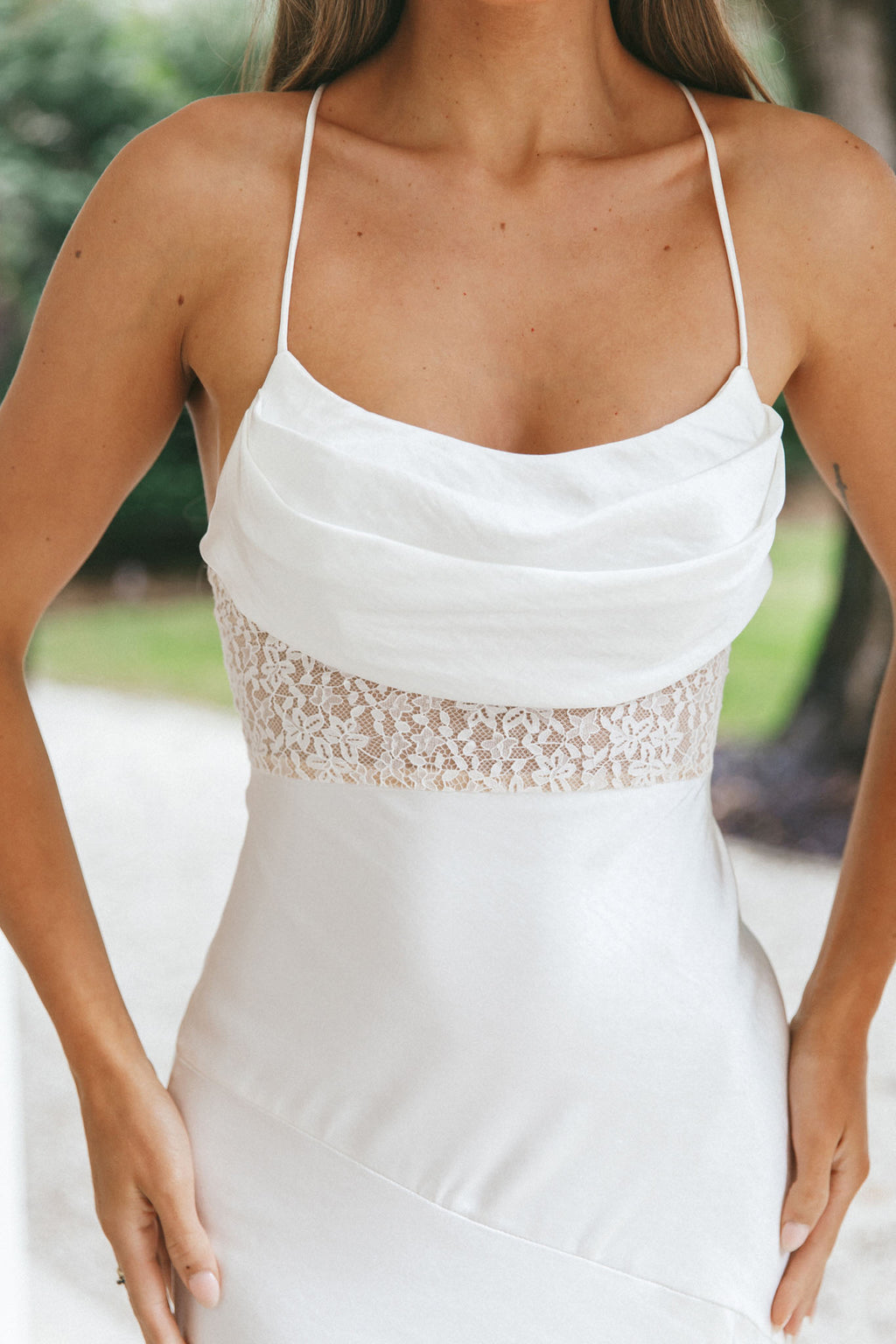 Golden Era Cowl Neck Lace Waist Midi Dress White by Selfie Leslie