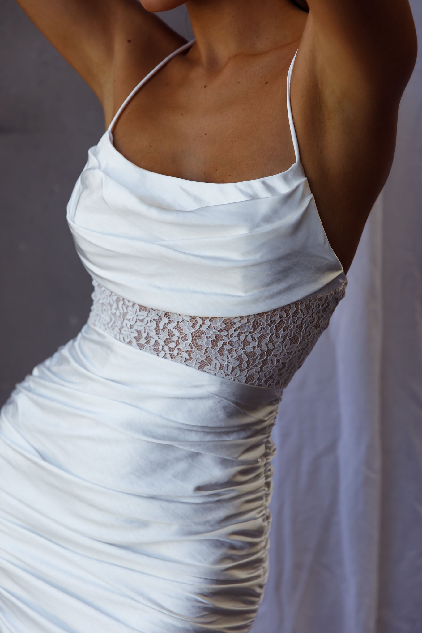 Golden Era Cowl Neck Lace Waist Ruched Mini Dress White by Selfie Leslie