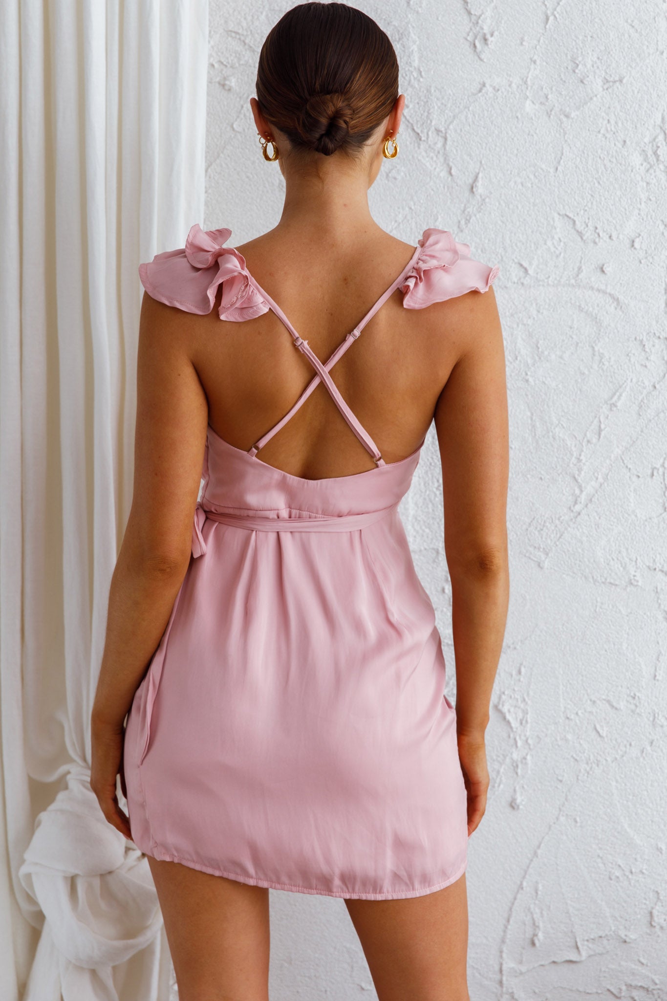 Oriana Ruffle Shoulder Wrap Dress Blush by Selfie Leslie