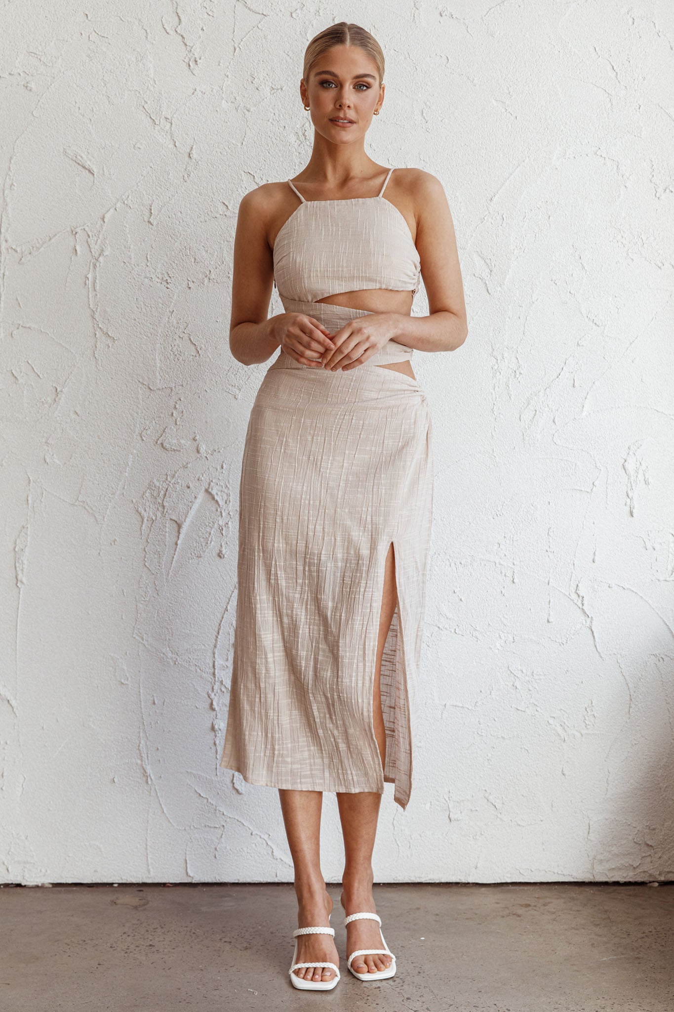 Virgin Islands Cut-Out Midi Dress Sand by Selfie Leslie