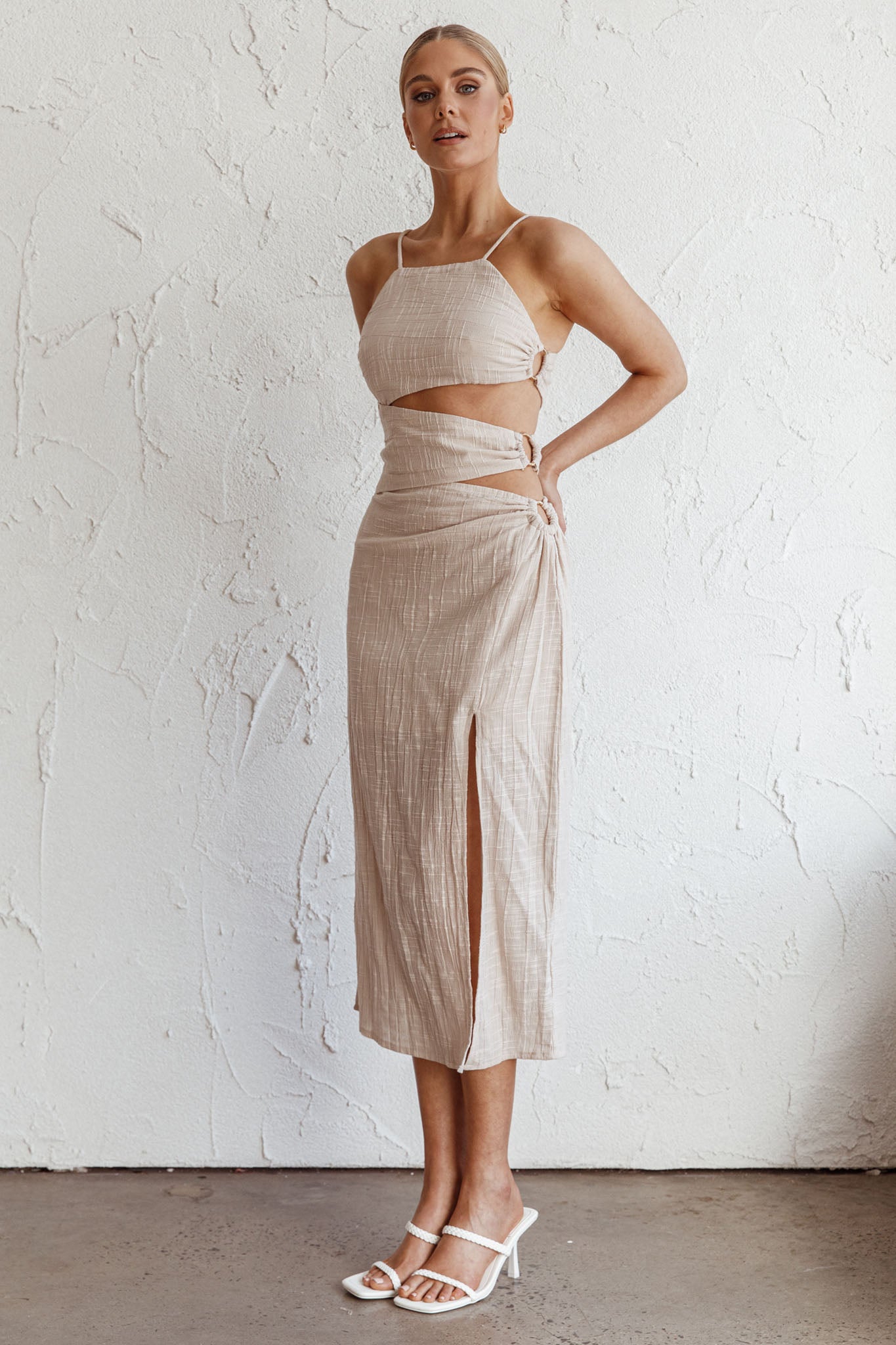 Virgin Islands Cut-Out Midi Dress Sand by Selfie Leslie