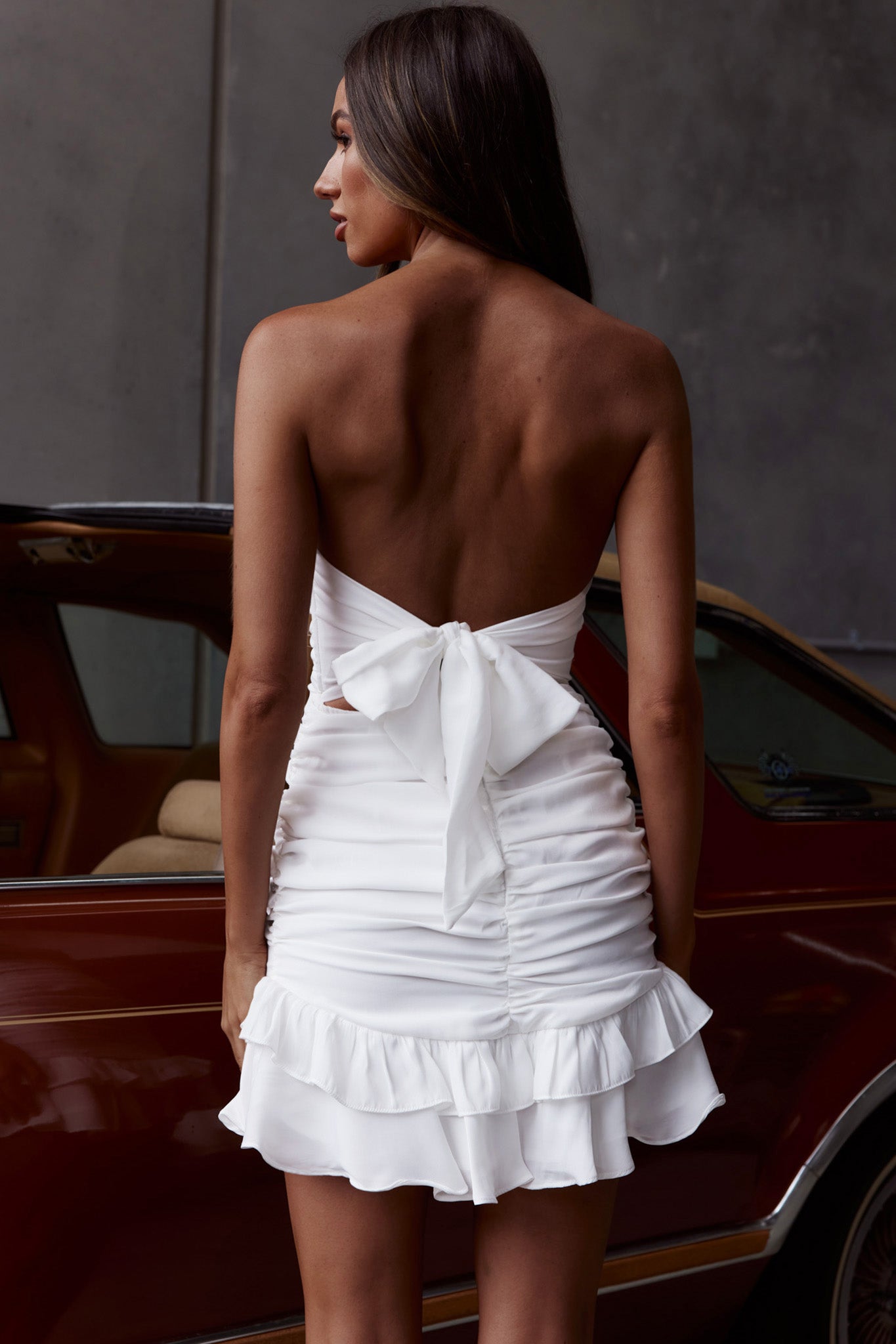 Annabella Strapless Tied Back Frill Hem Mini Dress White S Annabella Strapless Tied Back Frill Hem Mini Dress White S