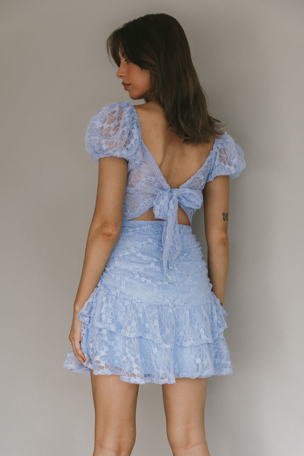 Annabella Puff Sleeve Tied Back Lace Dress Blue by Selfie Leslie