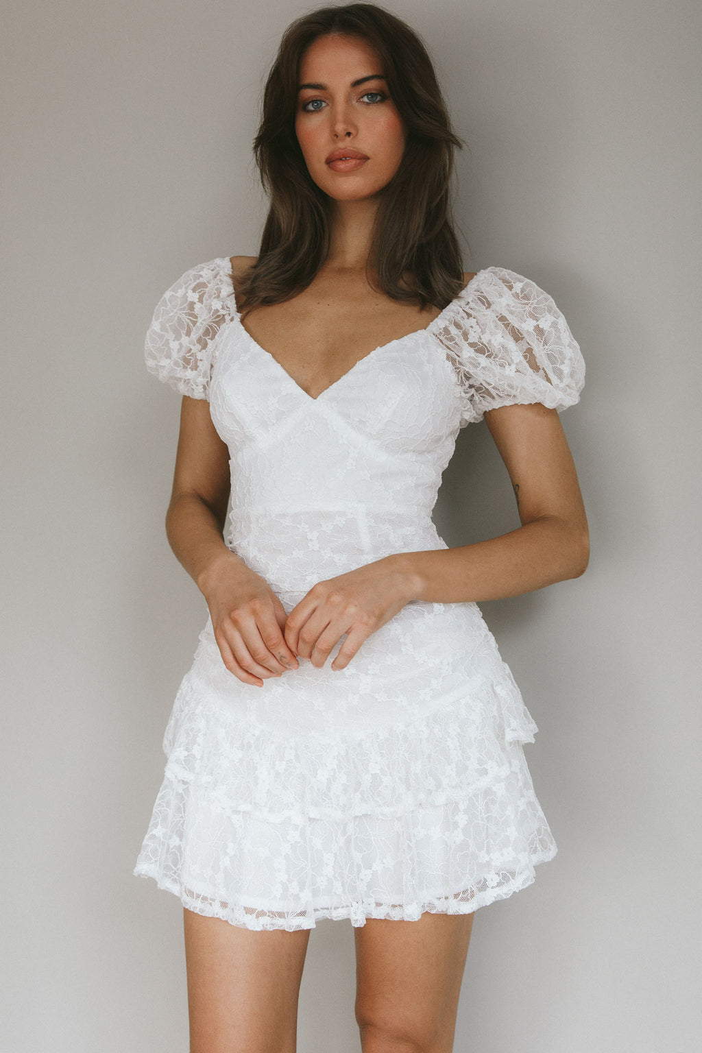 Annabella Puff Sleeve Tied Back Lace Dress White by Selfie Leslie