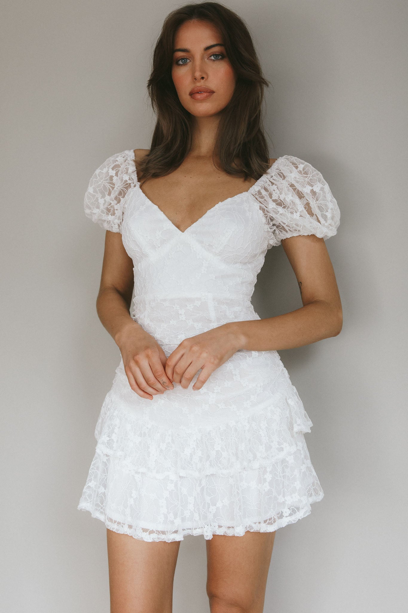 Annabella Puff Sleeve Tied Back Lace Dress White by Selfie Leslie