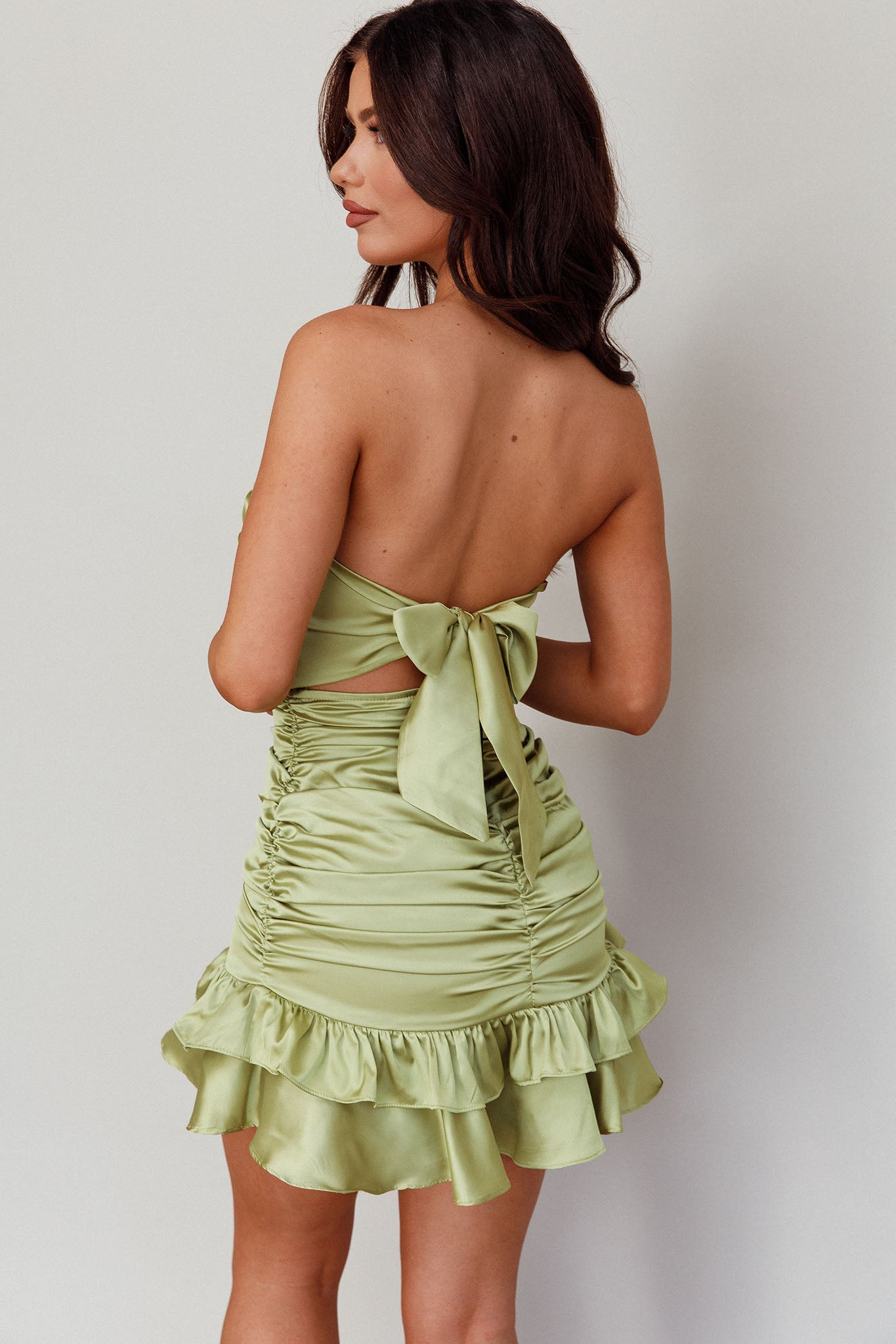 Annabella Strapless Tied Back Frill Hem Mini Dress Olive by Selfie Leslie