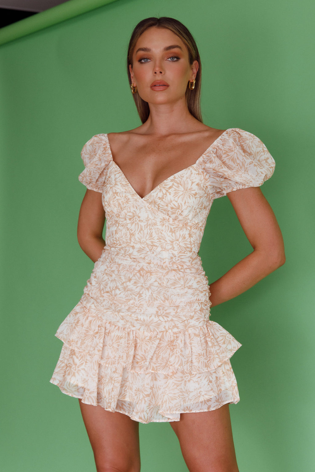 Annabella Puff Sleeve Tied Back Frill Hem Dress Floral Print Orange by Selfie Leslie