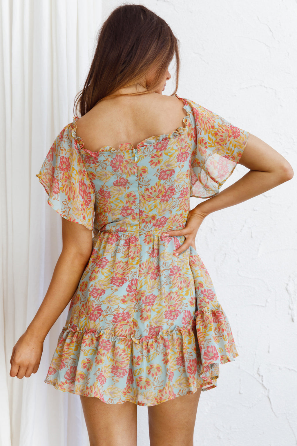 Daphne Shirred Bust Mini Dress Floral Mint by Selfie Leslie