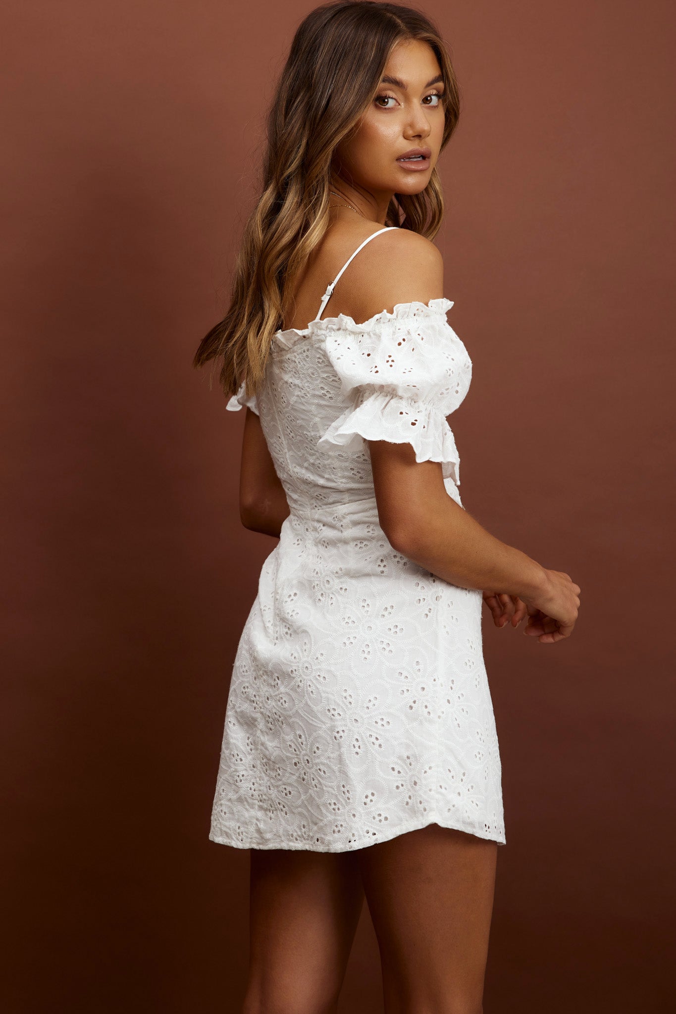 Toluca Puff Sleeve Frill Trim Eyelet Dress White by Selfie Leslie