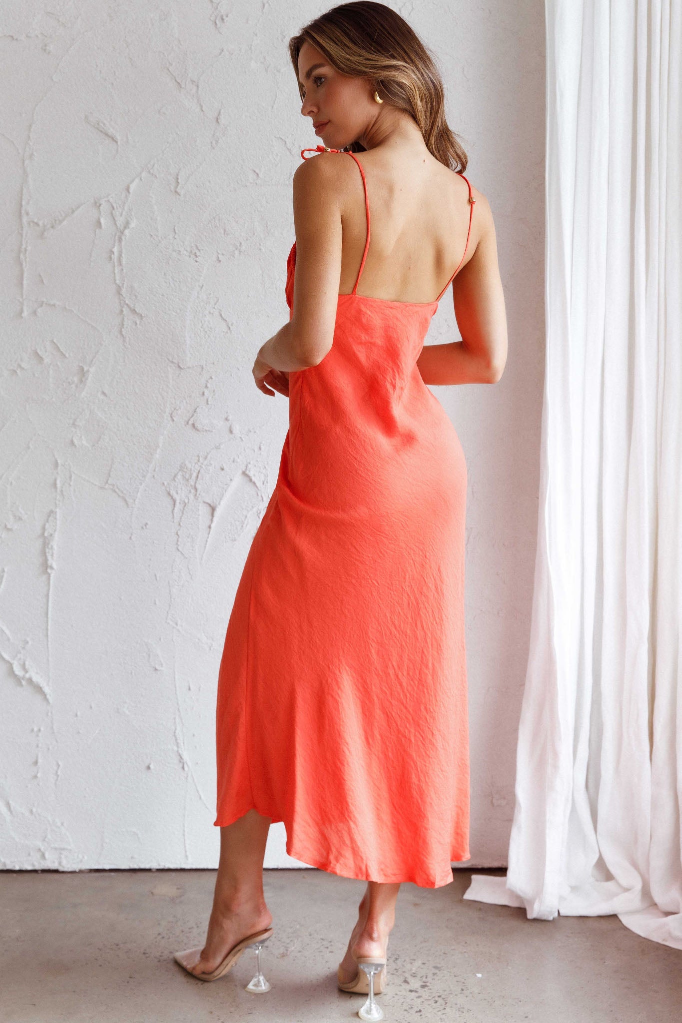 Clovelly Tied Shoulder Midi Dress Orange by Selfie Leslie