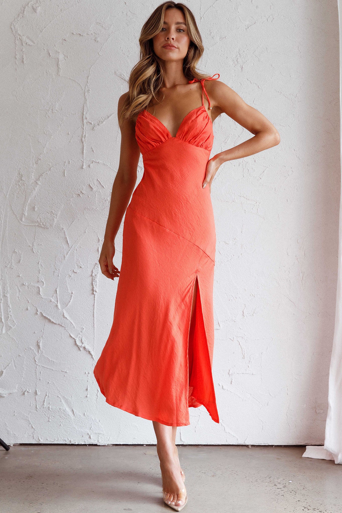 Clovelly Tied Shoulder Midi Dress Orange by Selfie Leslie