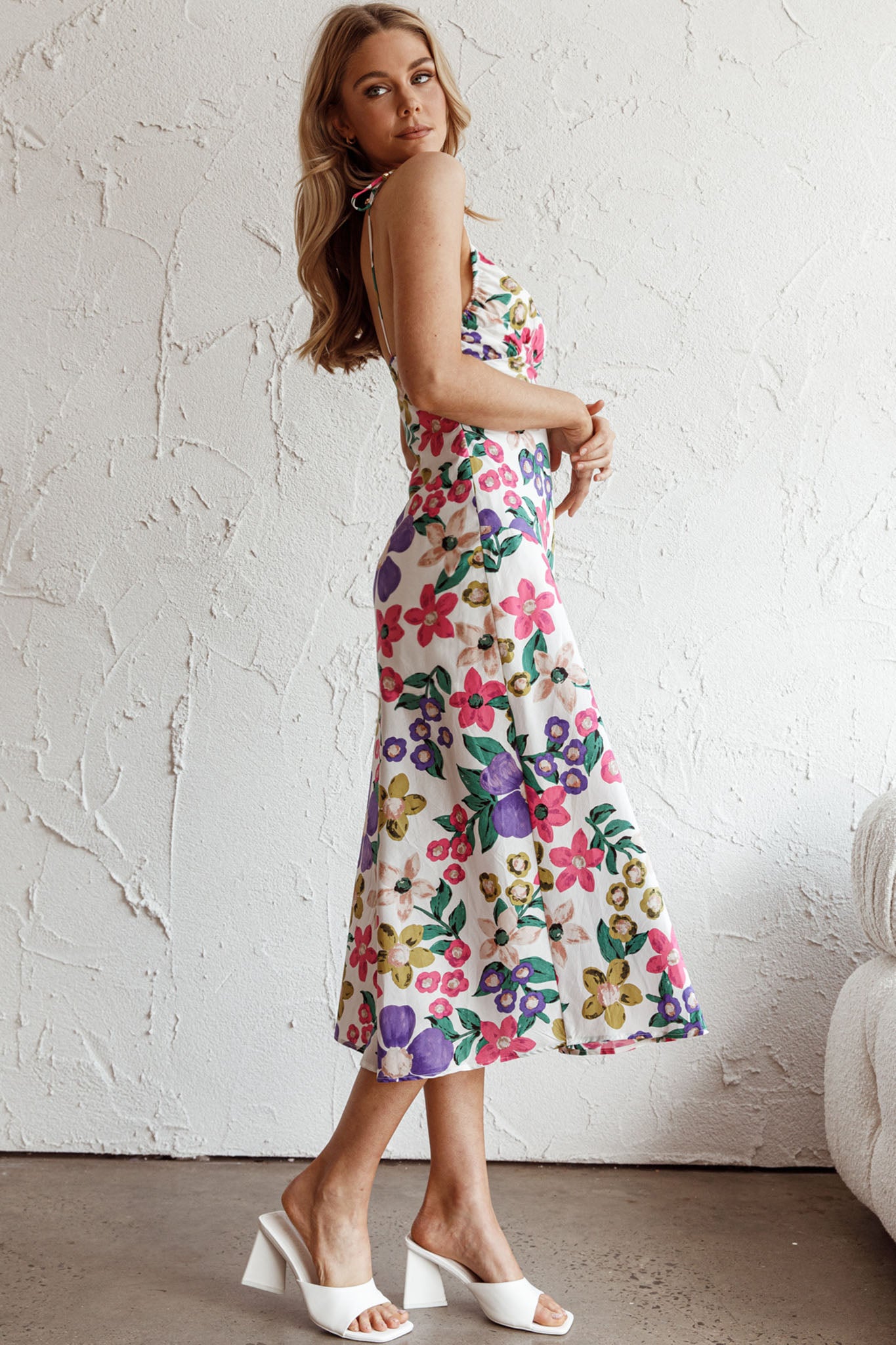 Clovelly Tied Shoulder Midi Dress Flower White by Selfie Leslie