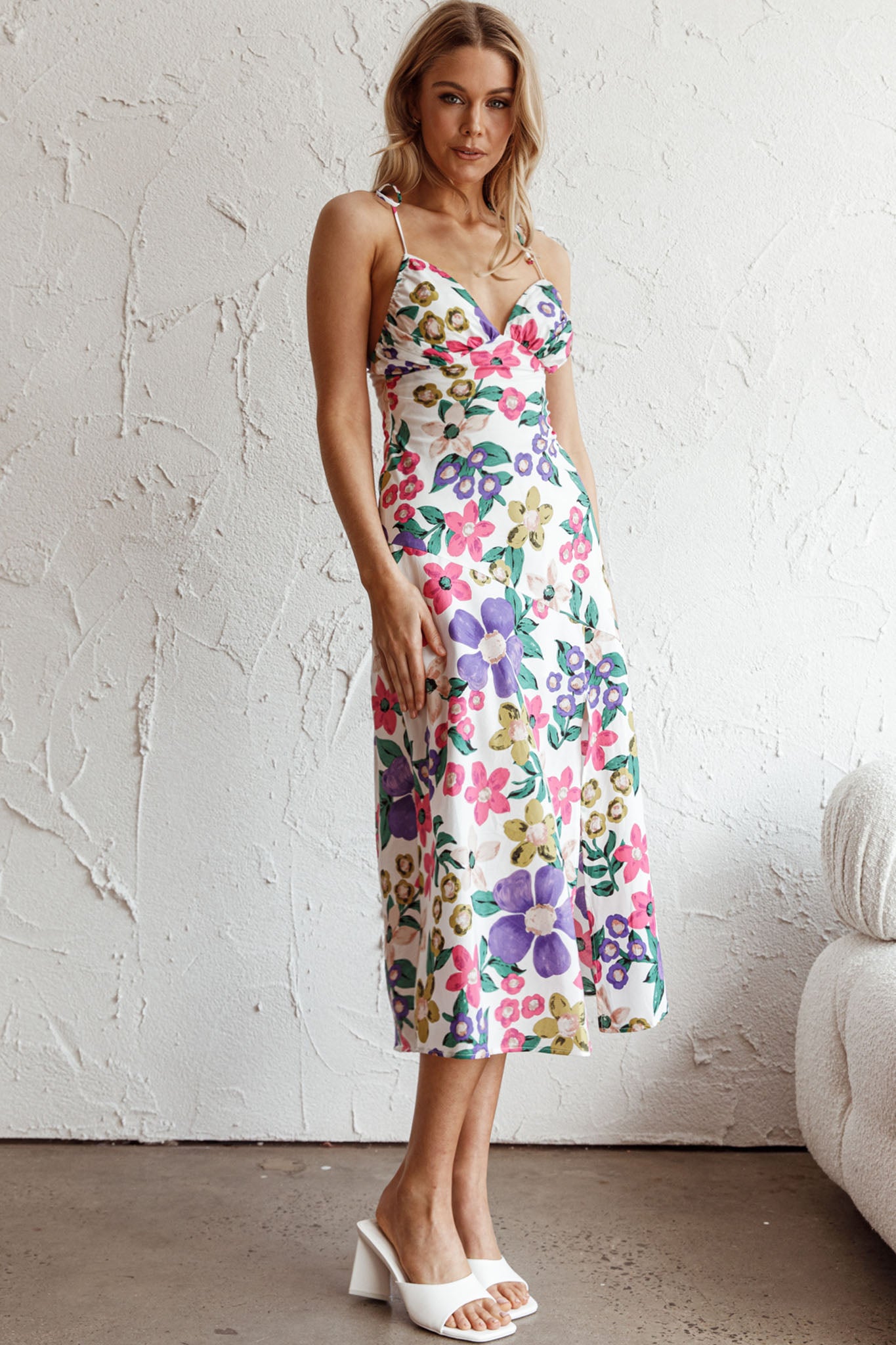 Clovelly Tied Shoulder Midi Dress Flower White by Selfie Leslie
