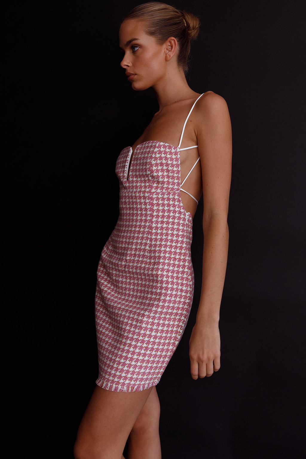 Dolce Life Low Back Mini Dress Houndstooth Pink by Selfie Leslie