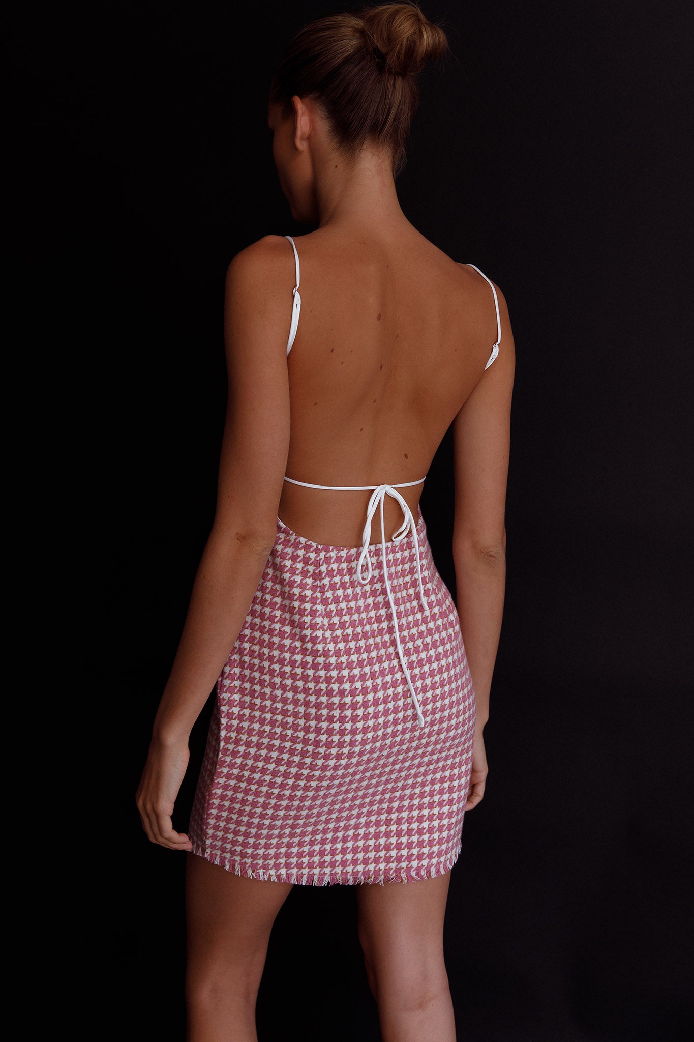 Dolce Life Low Back Mini Dress Houndstooth Pink by Selfie Leslie