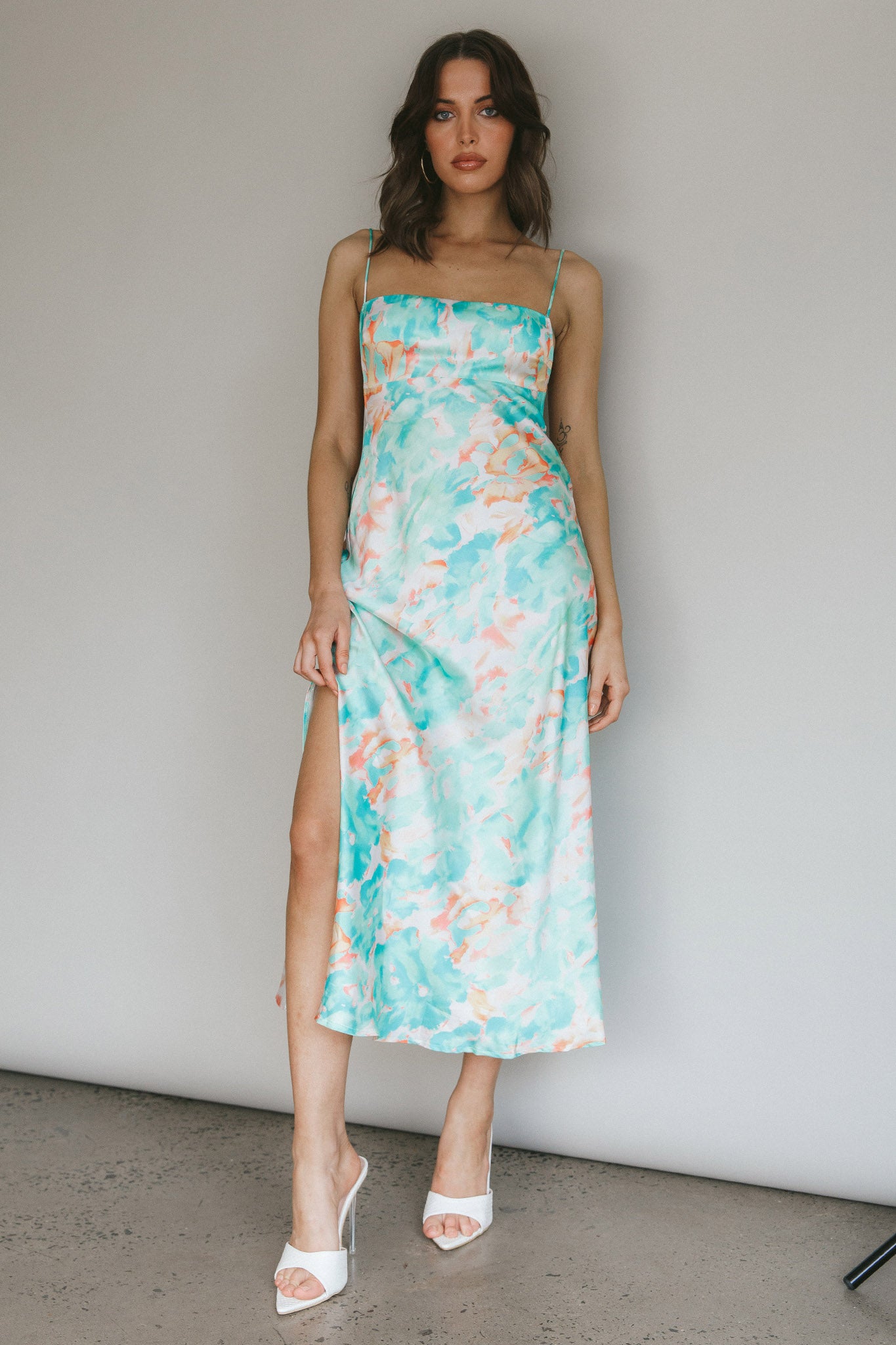 Dolce Life Low Back Midi Dress Floral Green by Selfie Leslie