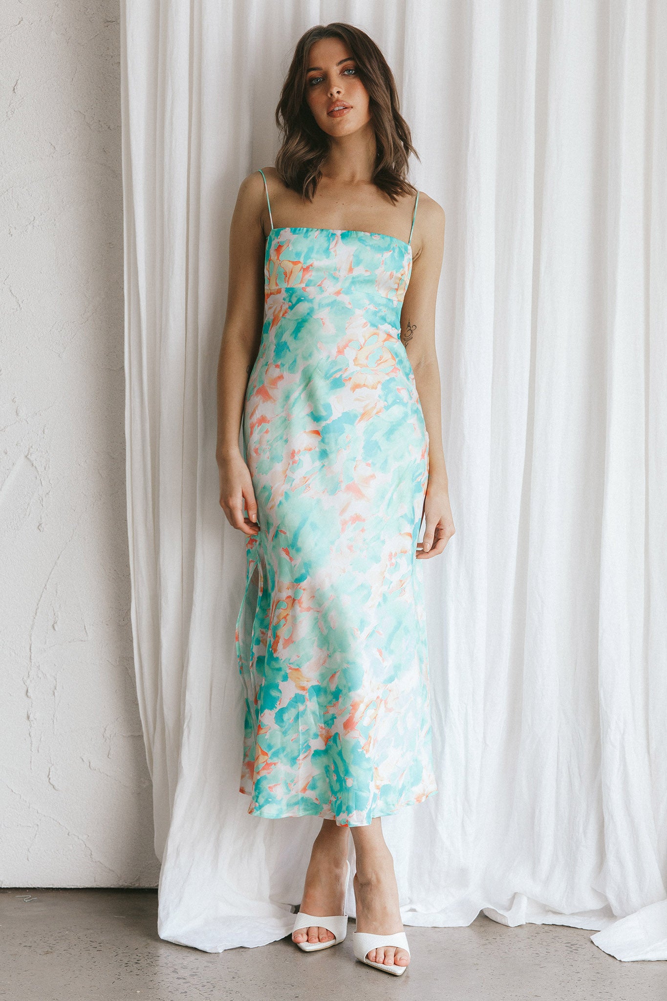 Dolce Life Low Back Midi Dress Floral Green by Selfie Leslie