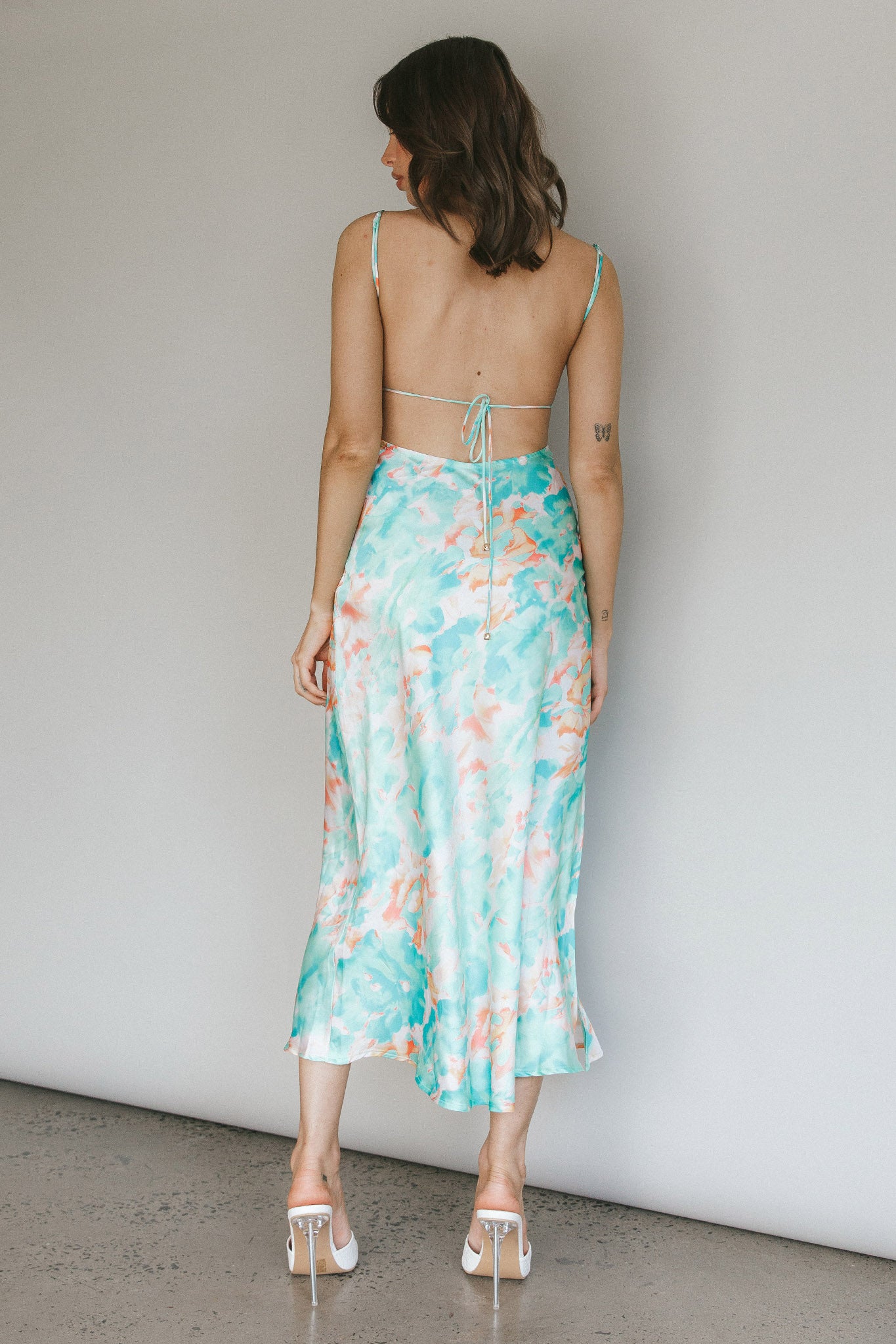 Dolce Life Low Back Midi Dress Floral Green by Selfie Leslie