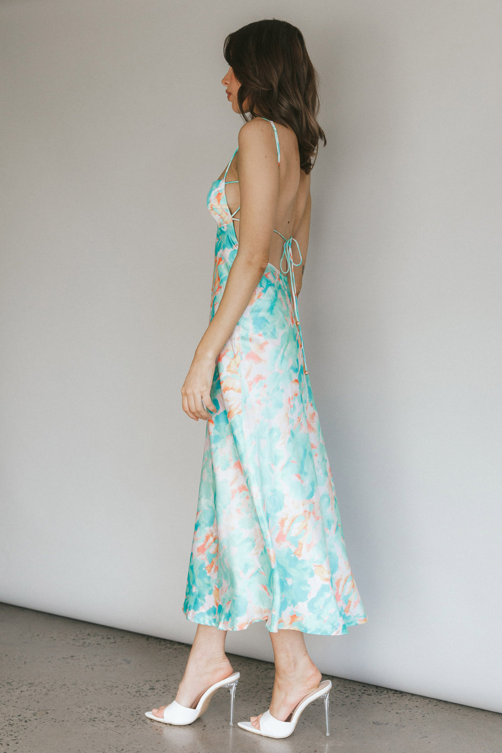 Dolce Life Low Back Midi Dress Floral Green by Selfie Leslie