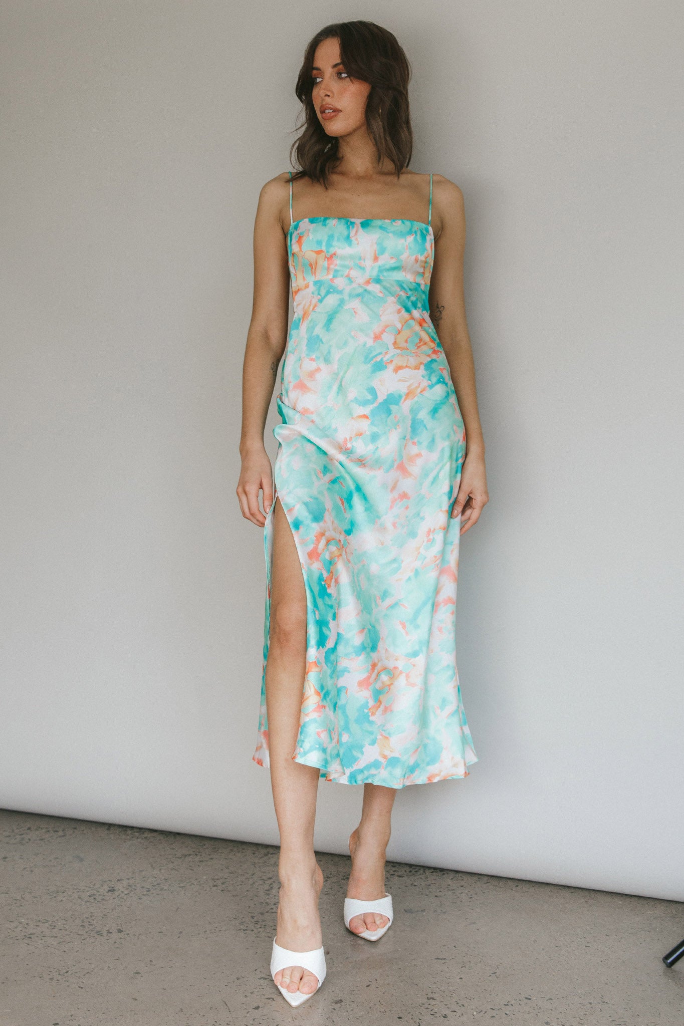 Dolce Life Low Back Midi Dress Floral Green by Selfie Leslie