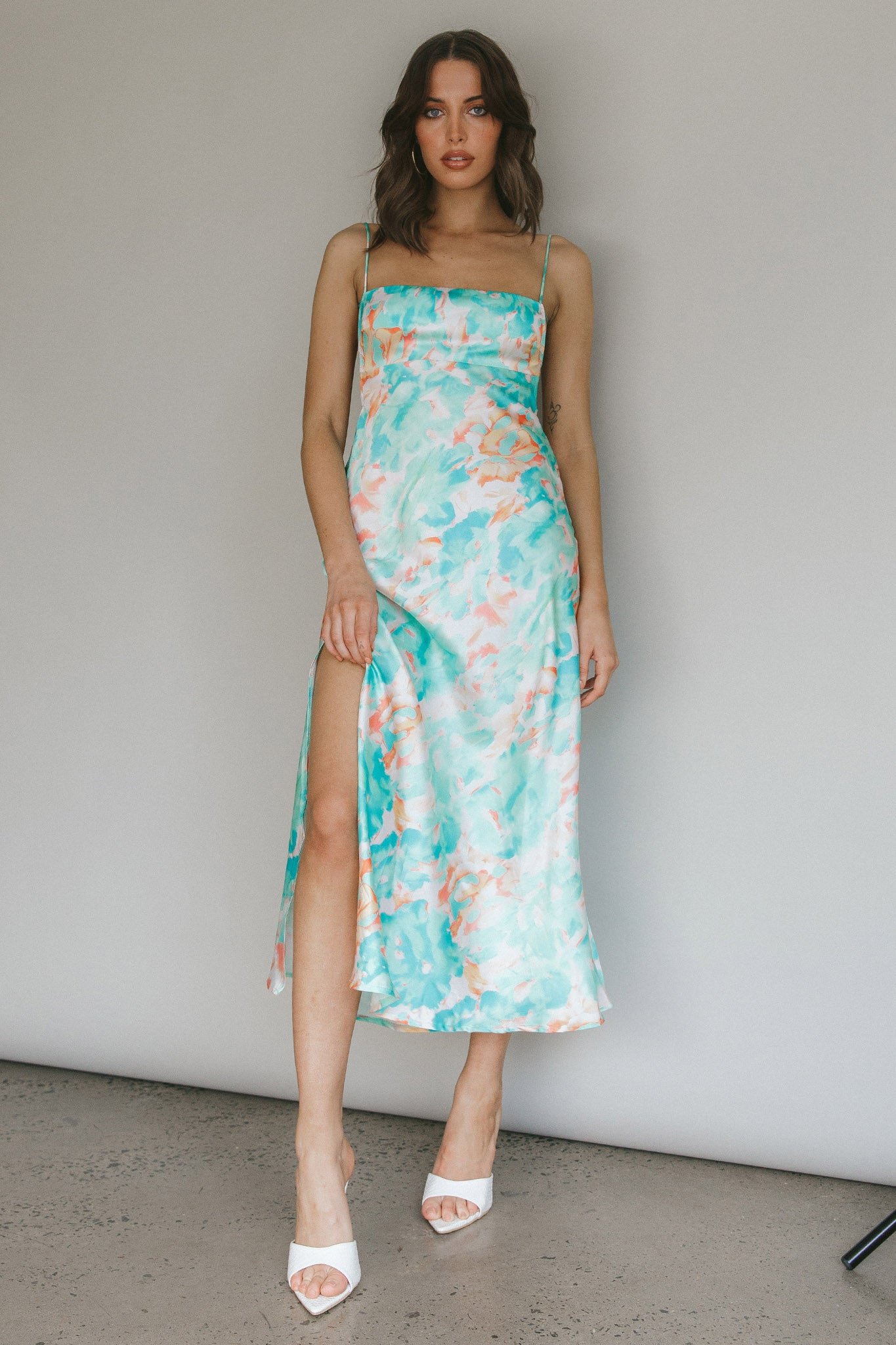 Dolce Life Low Back Midi Dress Floral Green by Selfie Leslie