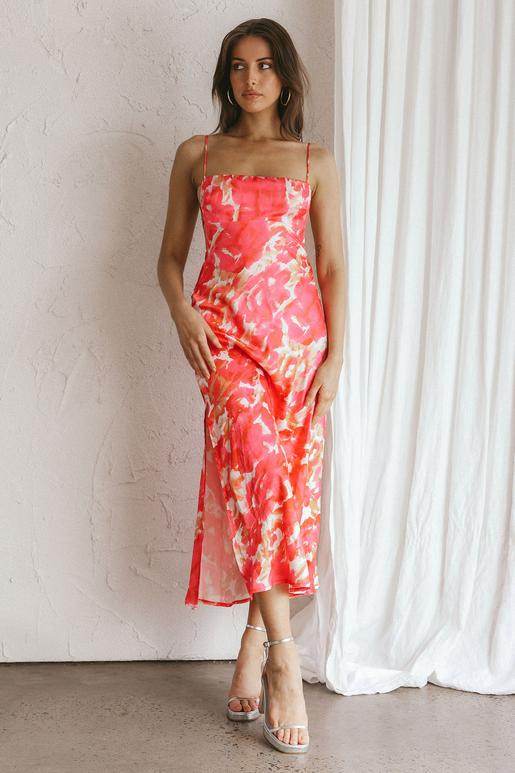 Dolce Life Low Back Midi Dress Floral Pink by Selfie Leslie