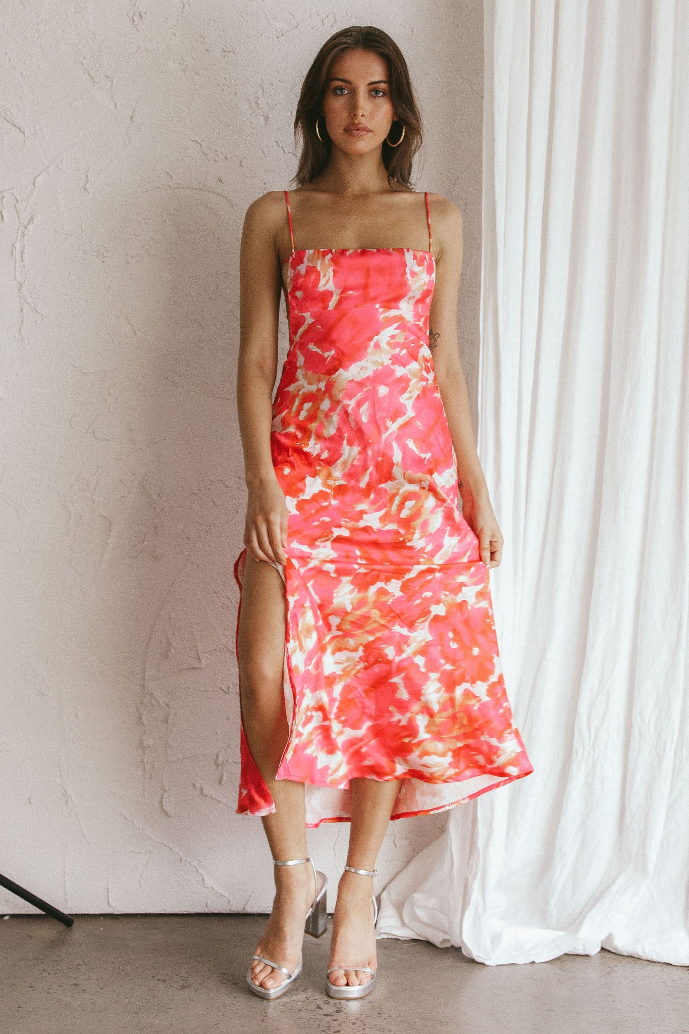 Dolce Life Low Back Midi Dress Floral Pink by Selfie Leslie