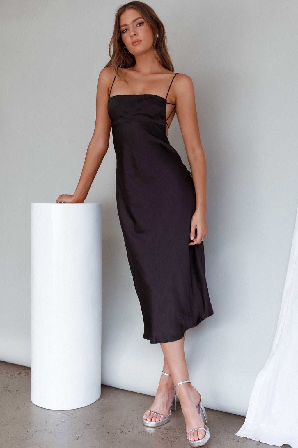 Dolce Life Low Back Midi Dress Black by Selfie Leslie