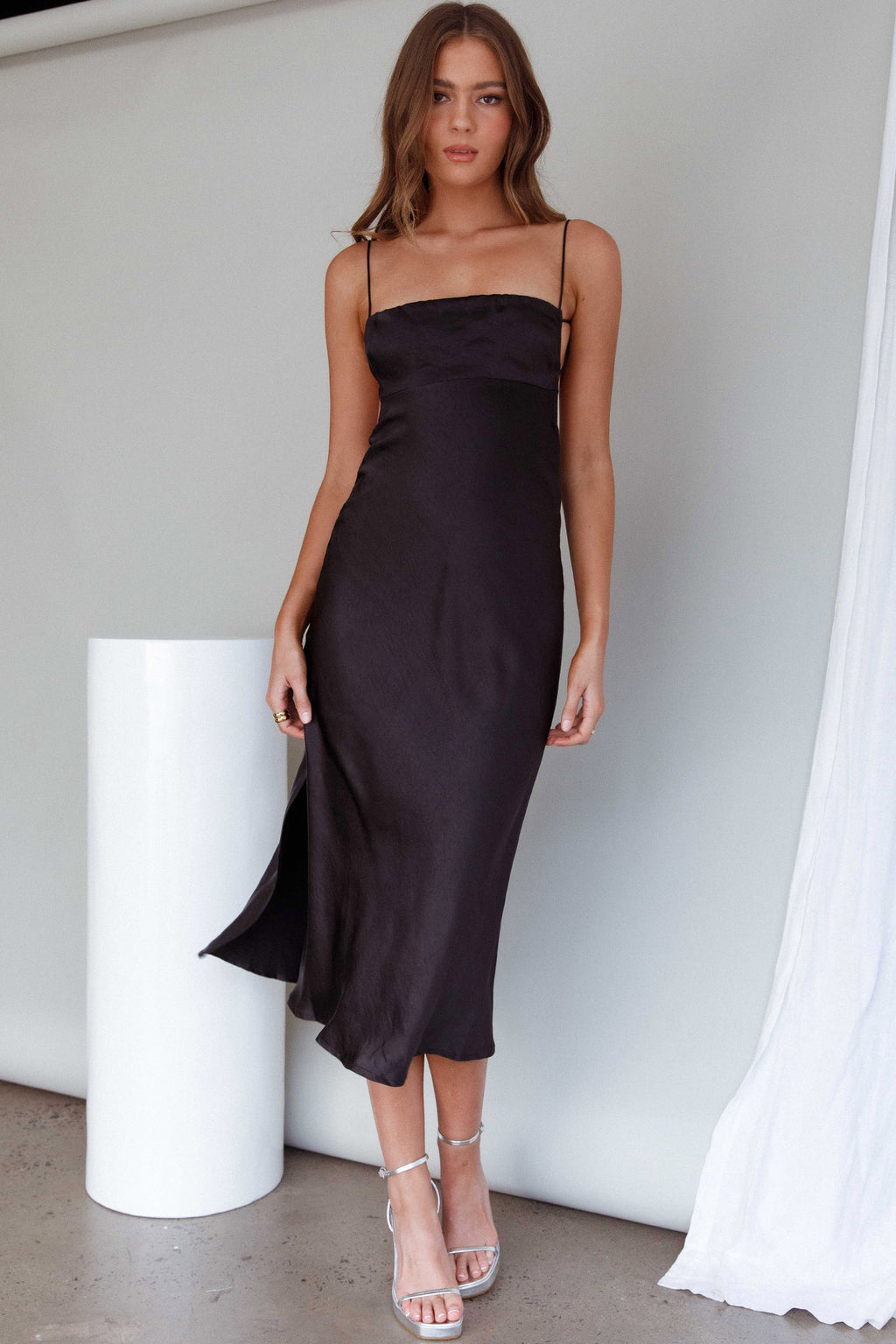 Dolce Life Low Back Midi Dress Black by Selfie Leslie