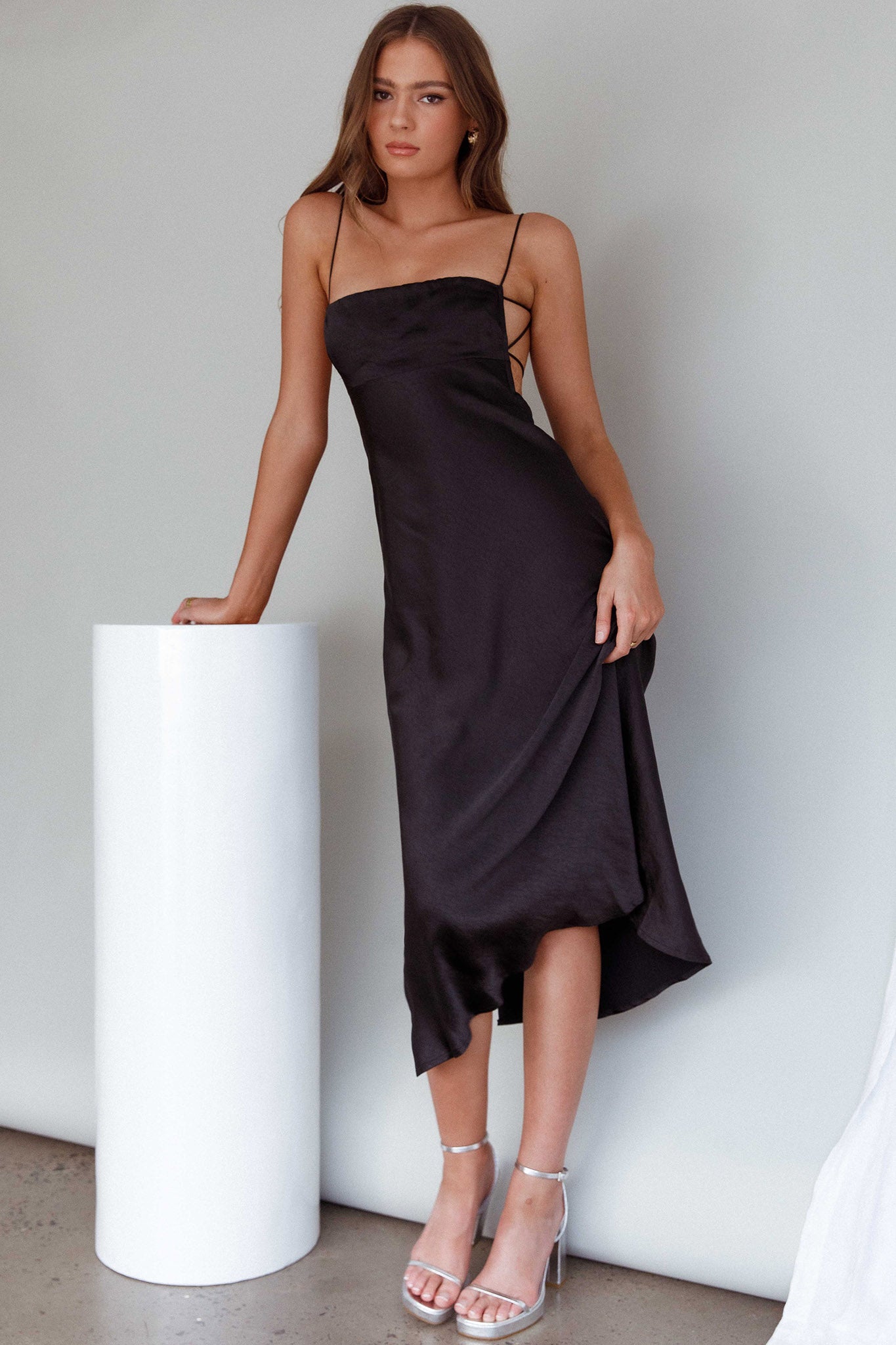 Dolce Life Low Back Midi Dress Black by Selfie Leslie