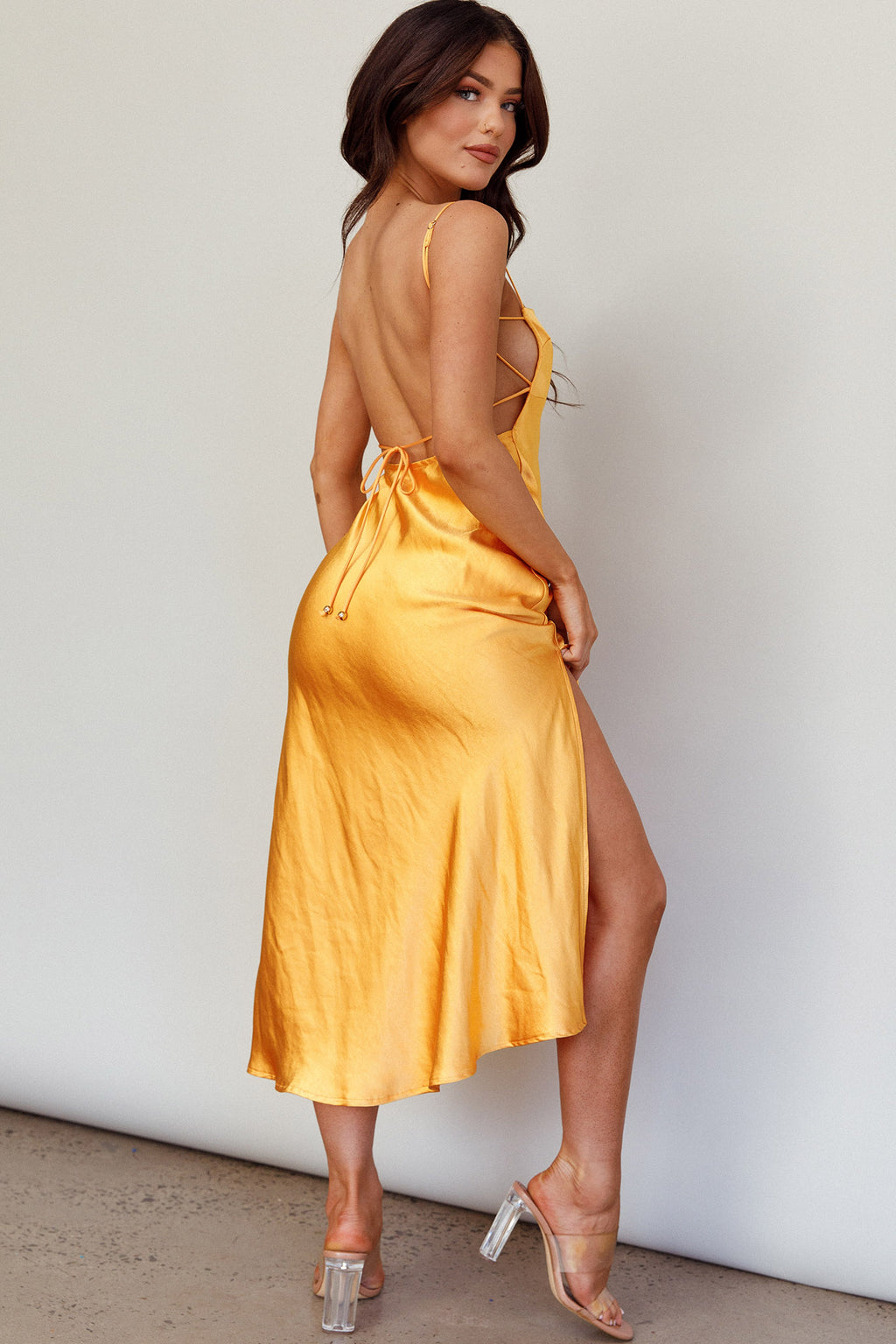 Dolce Life Low Back Midi Dress Orange by Selfie Leslie