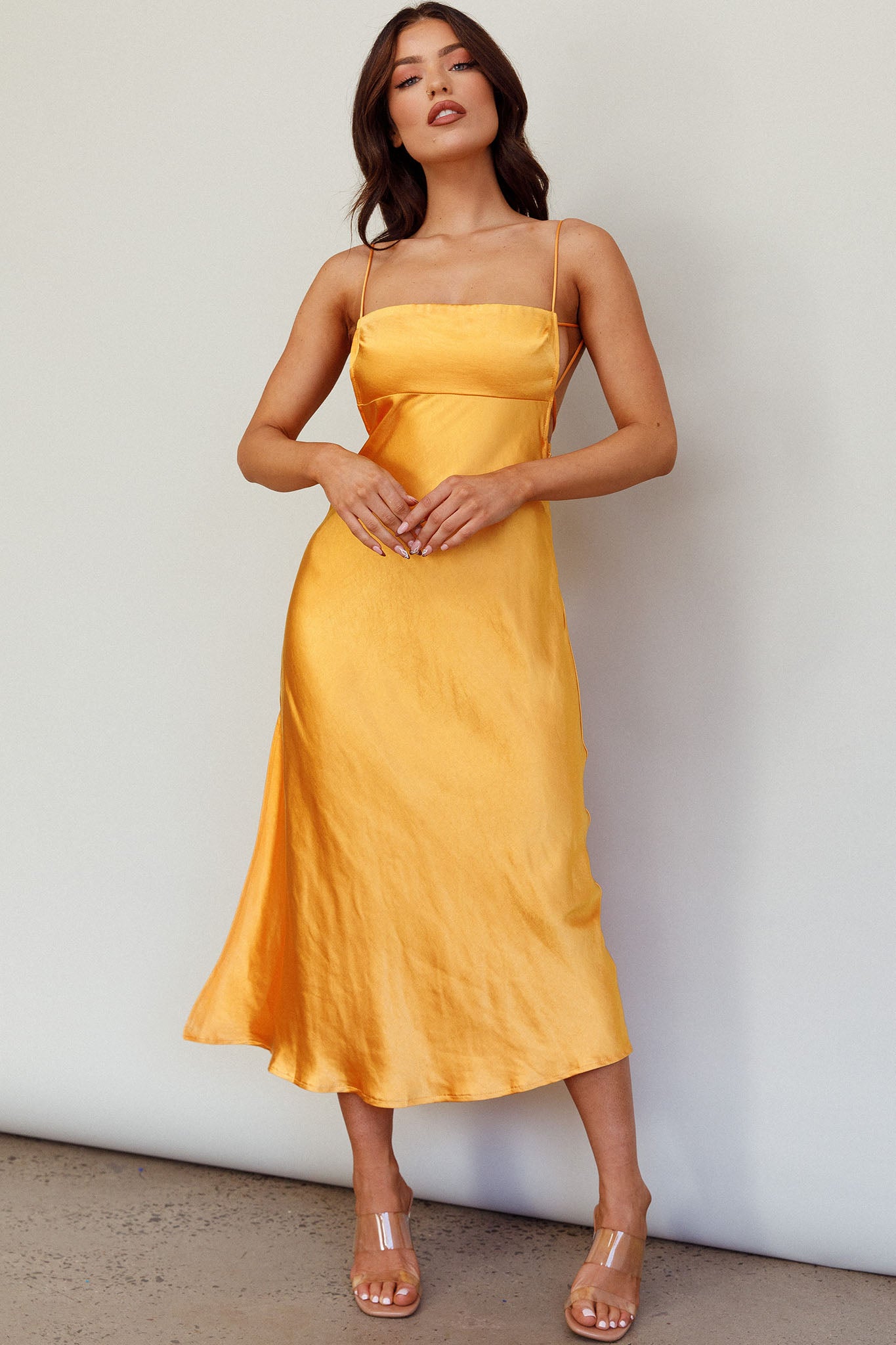Dolce Life Low Back Midi Dress Orange by Selfie Leslie