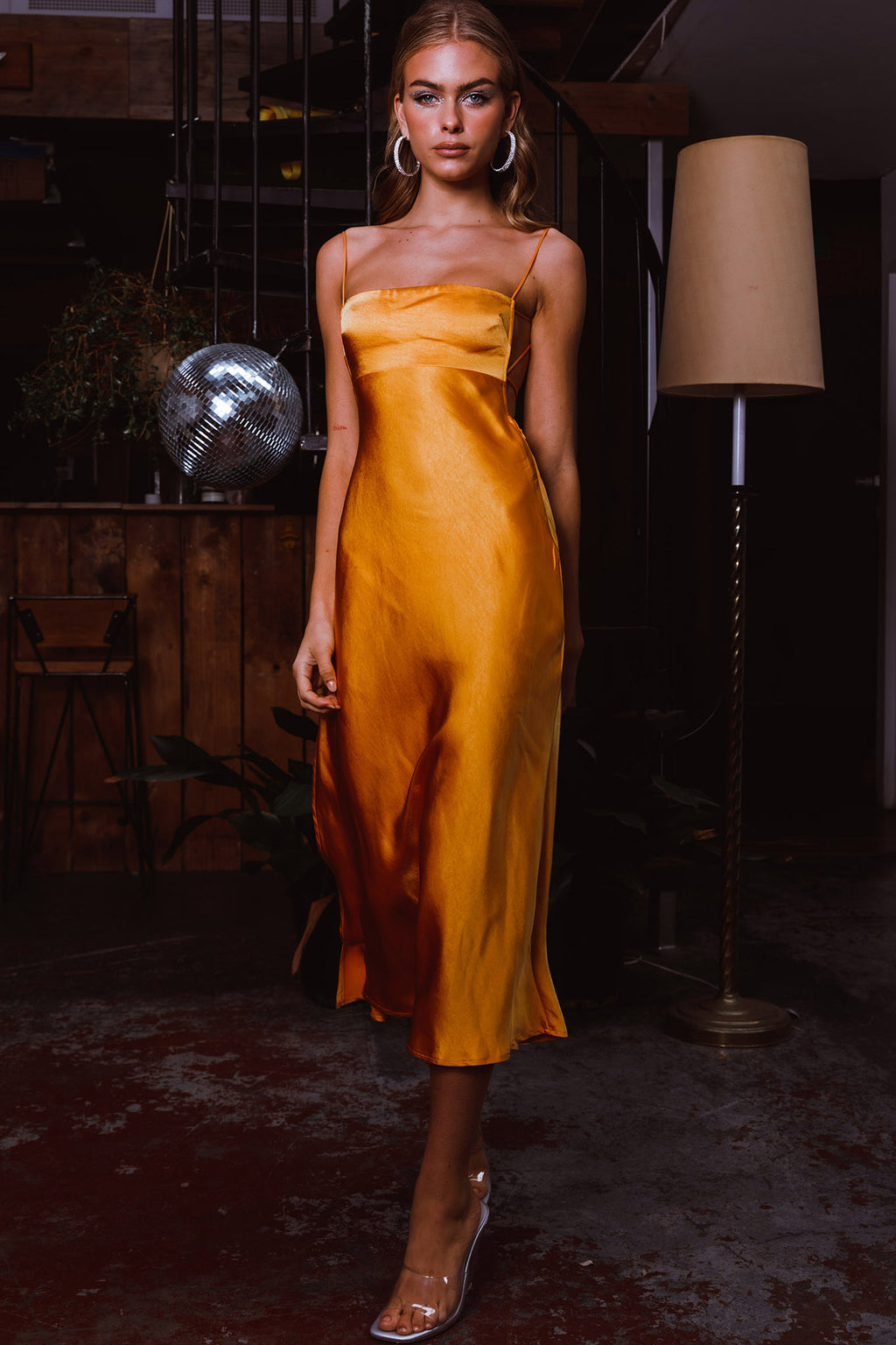 Dolce Life Low Back Midi Dress Orange by Selfie Leslie