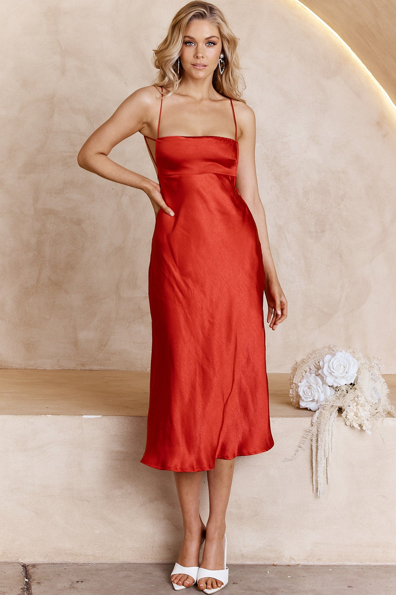 Dolce Life Low Back Midi Dress Red by Selfie Leslie