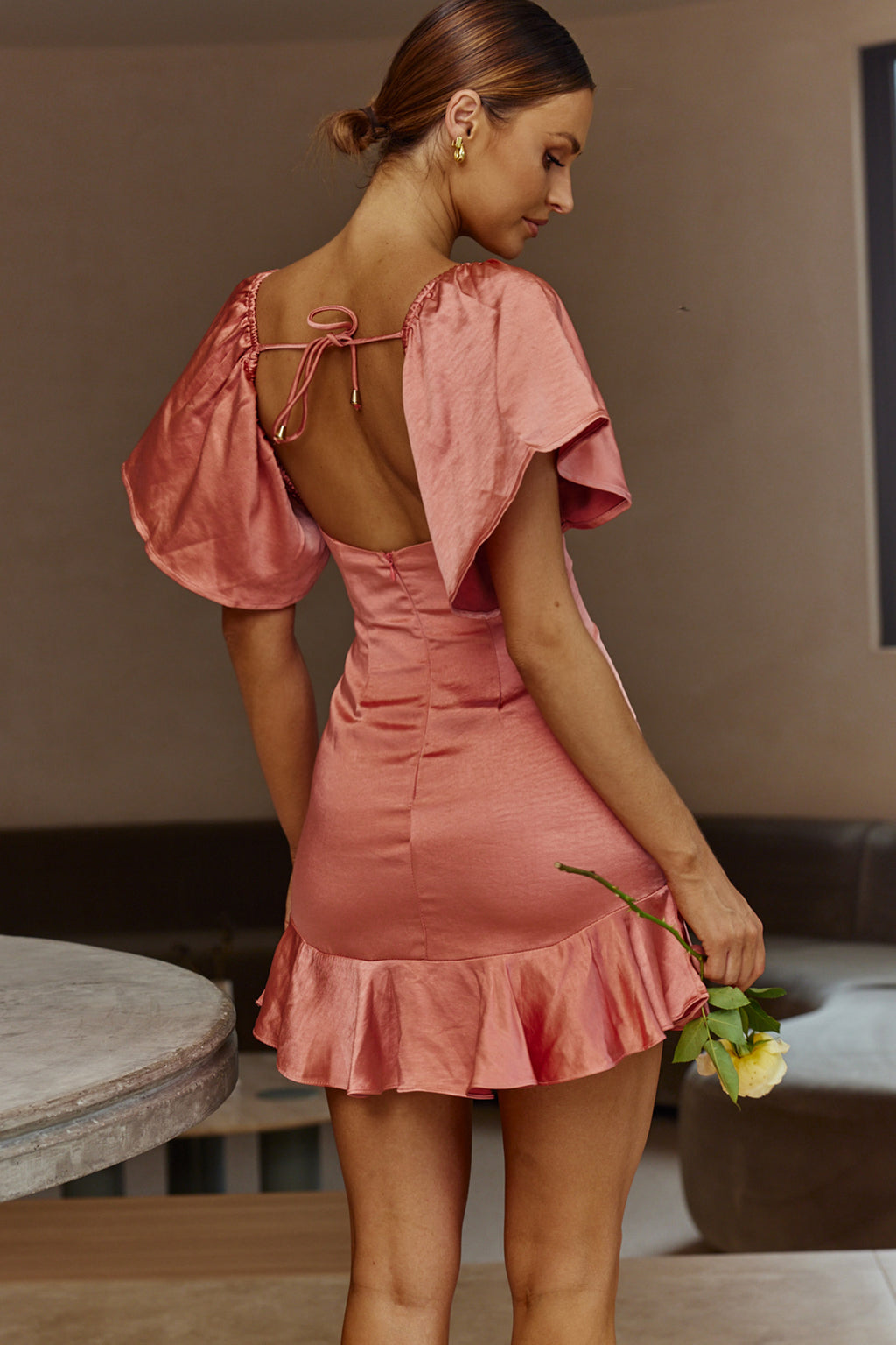 Eyes On You Pleated Bust Angel Sleeve Ruffle Hem Dress Rose by Selfie Leslie