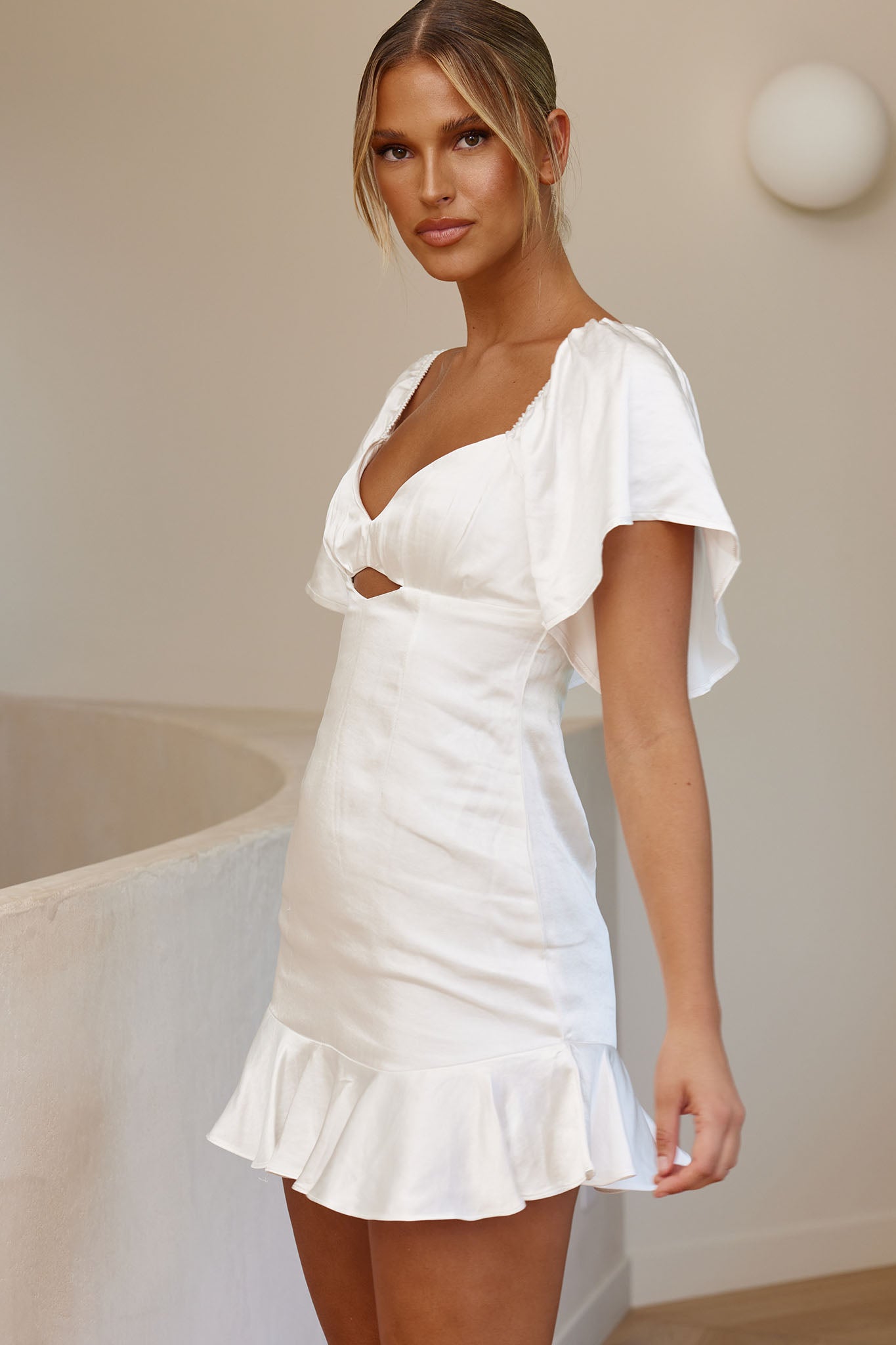 Eyes On You Pleated Bust Angel Sleeve Ruffle Hem Dress White by Selfie Leslie